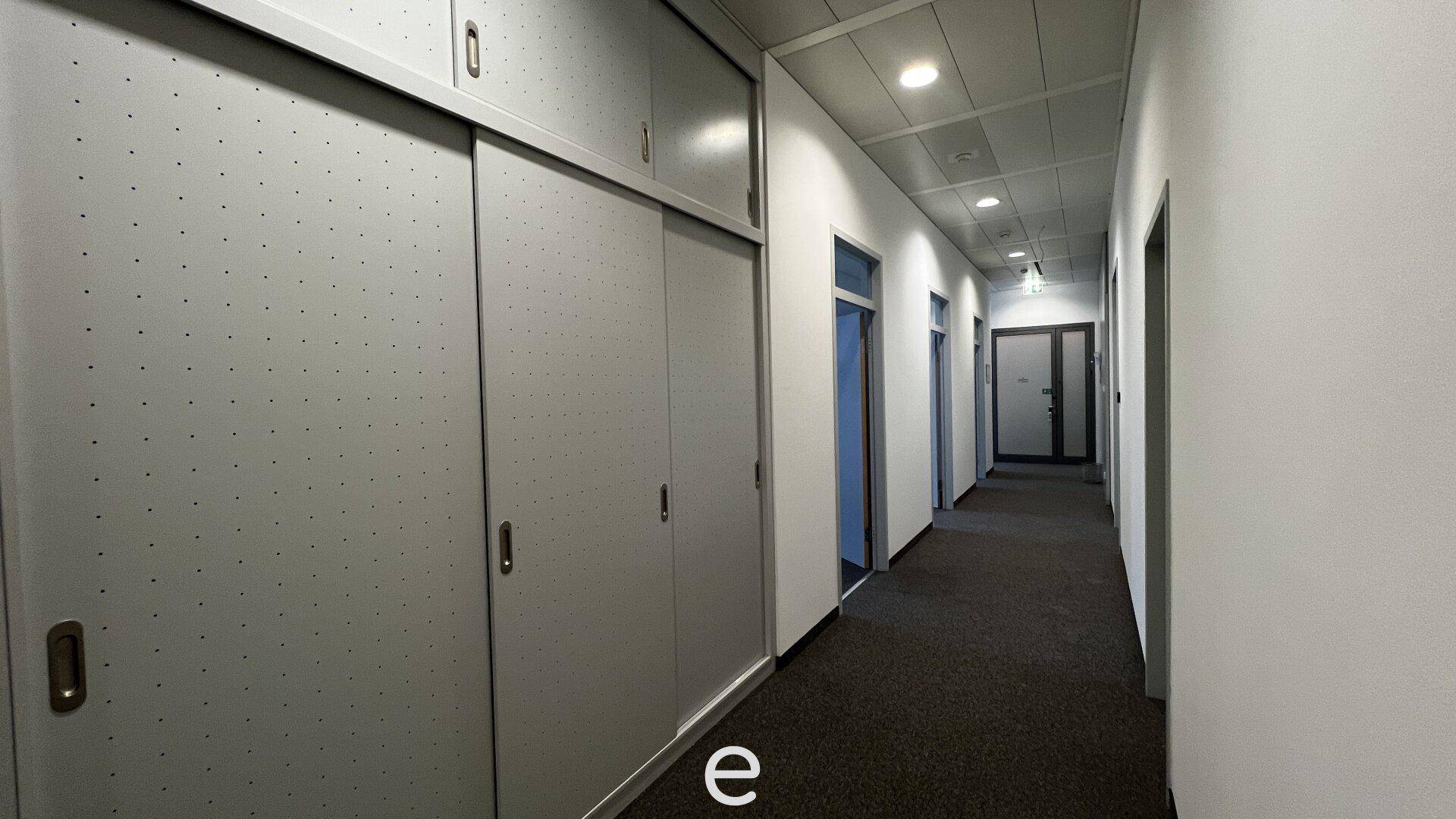 Langer Flur mit Teppichboden, weißen Wänden und integrierten Schränken entlang der Seite.