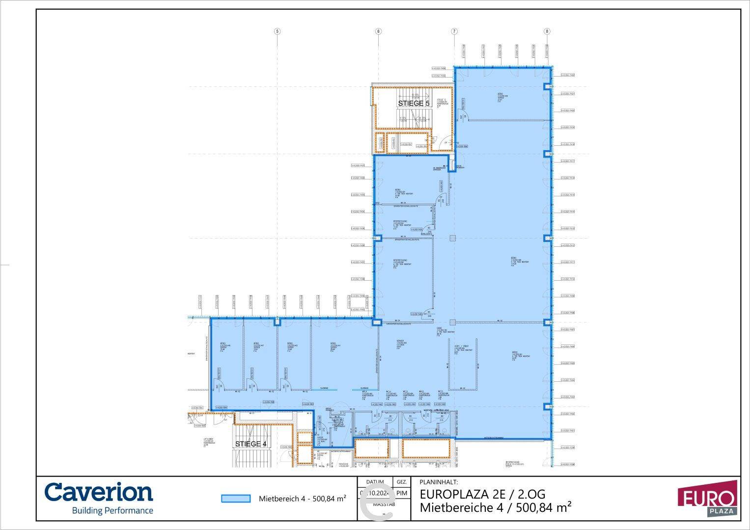 Grundriss des zweiten Obergeschosses mit markierten Mietbereichen von 500,84 m².