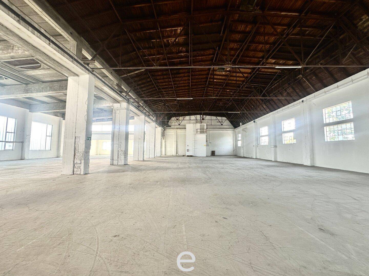 Große, leere Lagerhalle mit Betonboden, hohen Decken und beeindruckender Holzkonstruktion des Daches.