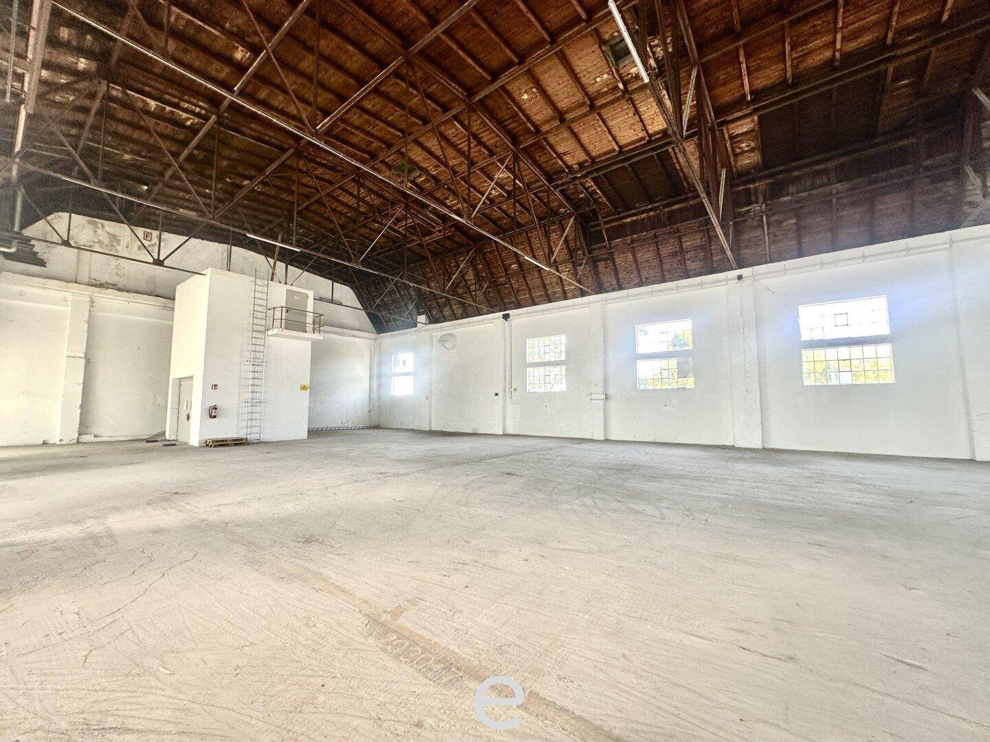 Weitläufige, leere Lagerhalle mit Betonboden, hohen Decken und sichtbarer Holz-Dachkonstruktion.