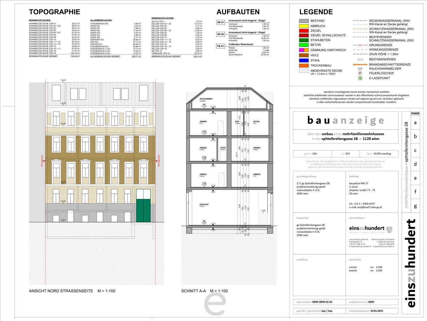 Architektonische Zeichnungen mit Ansicht der Straßenseite und Gebäudeschnitt.