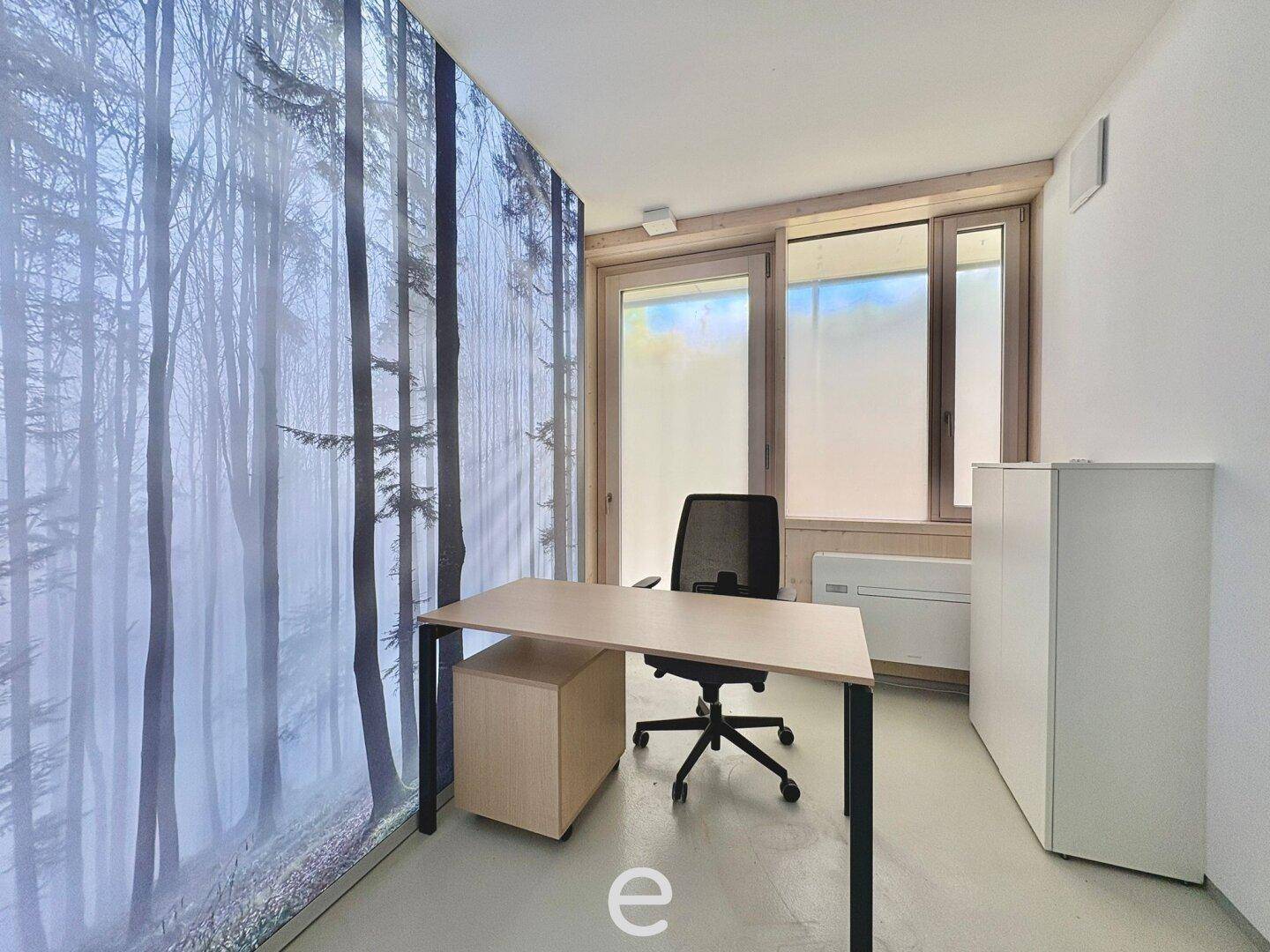 Büro mit einer beeindruckenden Waldtapete, Schreibtisch und Stuhl, bietet eine ruhige Arbeitsatmosphäre.