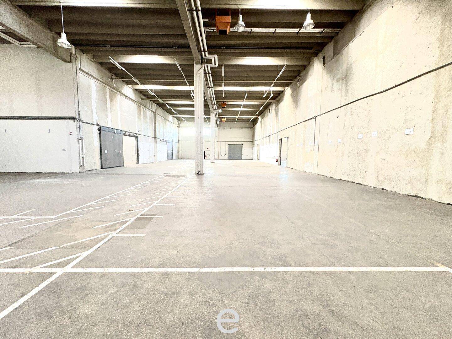 Weitläufige, leere Industriehalle mit Betonboden und Markierungen, hohen Decken und industrieller Ästhetik.