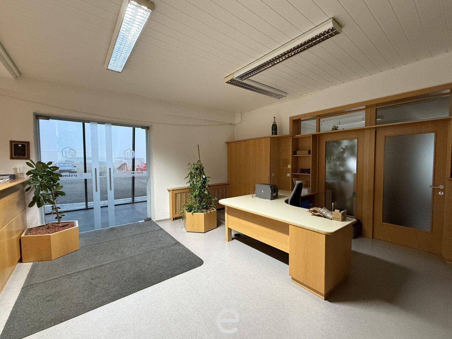 Empfangsbereich mit Schreibtisch, Holzmöbeln und Zugang zum Außenbereich durch Glastüren.