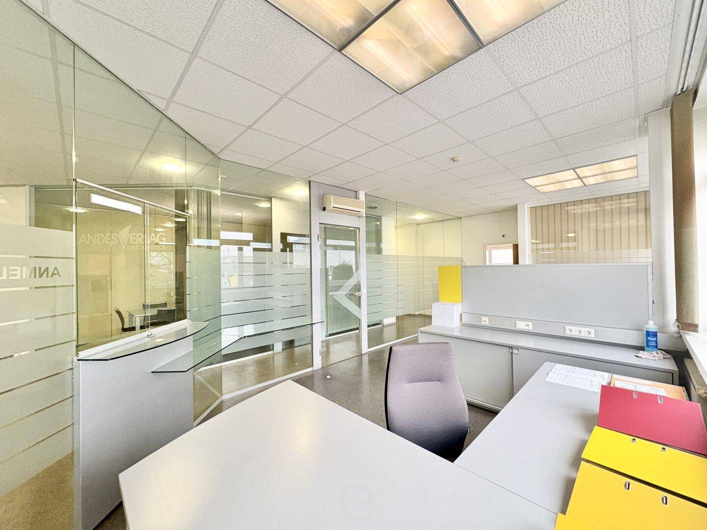 Offener Bürobereich mit modernen Schreibtischen, Glaswänden und viel Tageslicht, ideal für Teamarbeit.