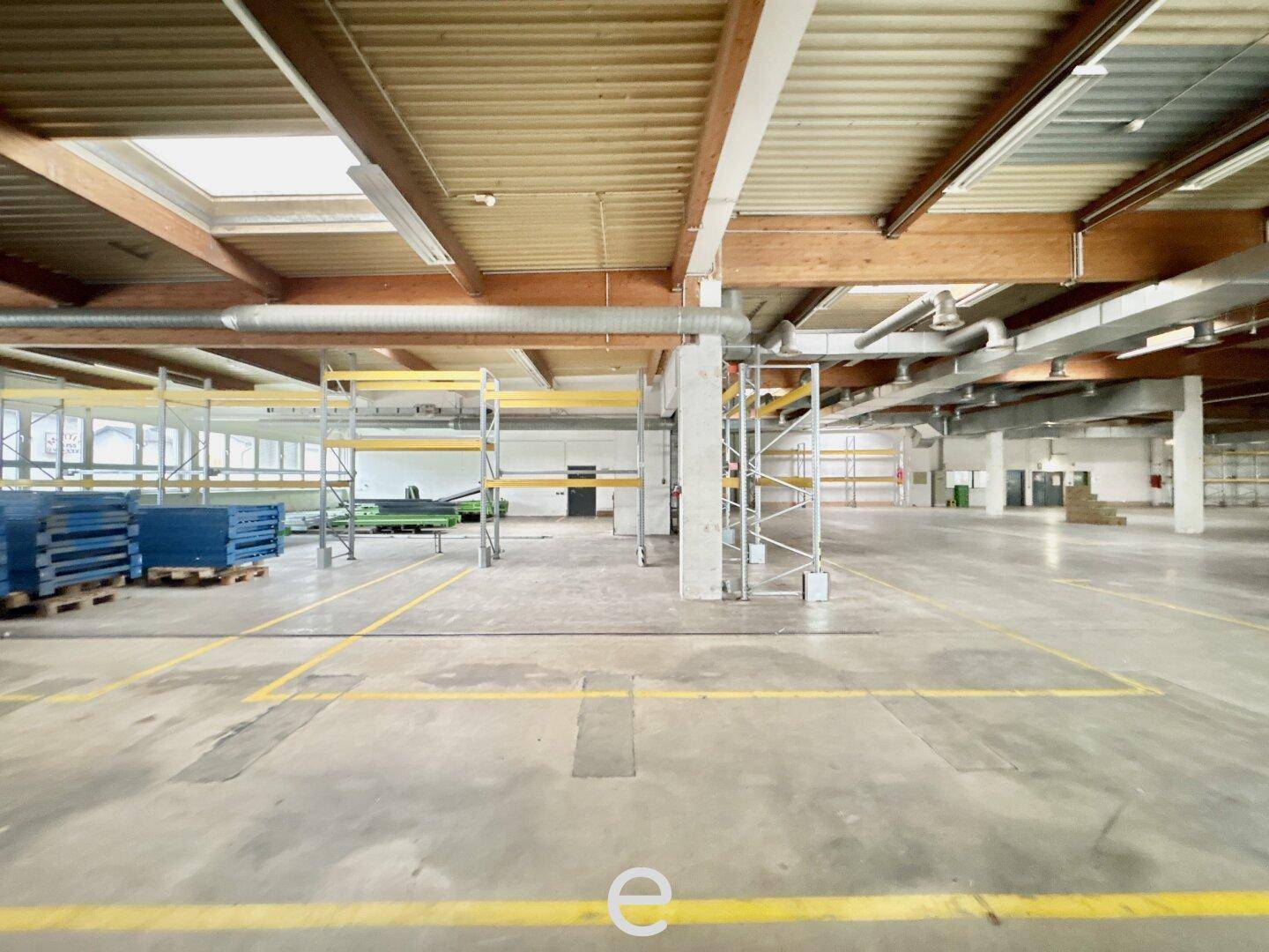 Große Lagerhalle mit hoher Decke, Betonboden und Regalsystemen, ideal für Logistik und Produktion.