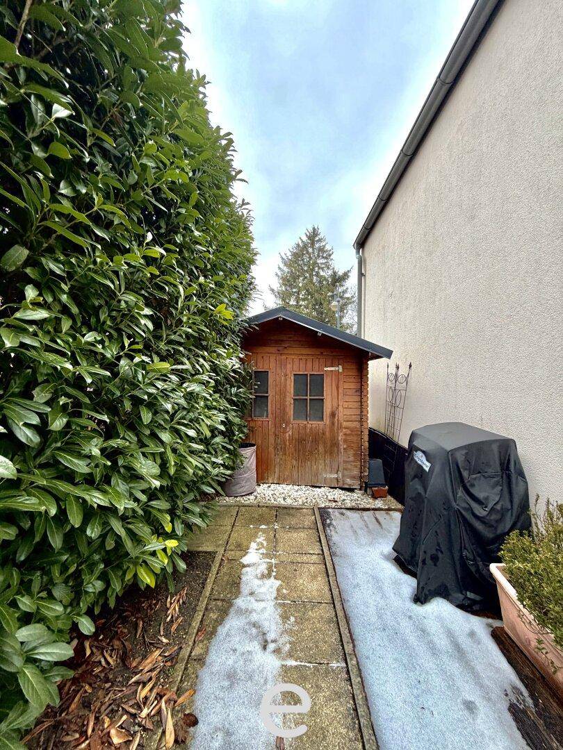 Kleines Holzgartenhaus umgeben von hohen, grünen Hecken.
