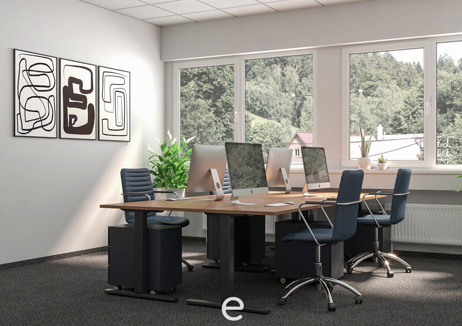 Helles Büro mit ergonomischen Stühlen, modernen Schreibtischen und Blick auf die umliegende Natur.