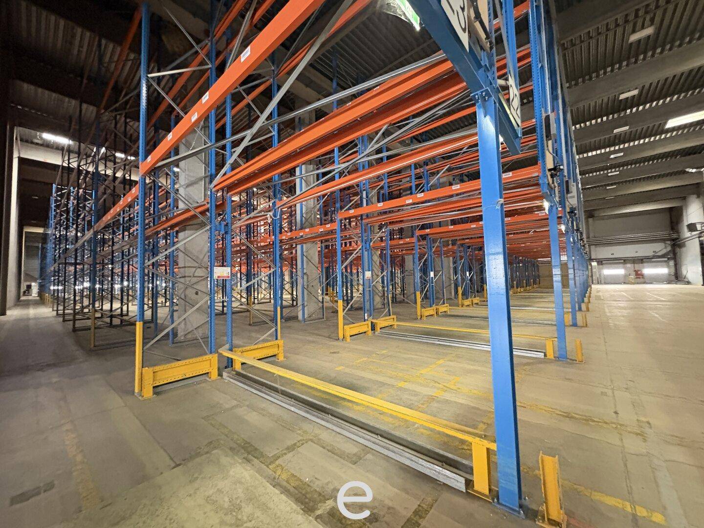 Großer Lagerbereich mit robusten, leeren Palettenregalen und industrieller Beleuchtung, ideal für Logistik.
