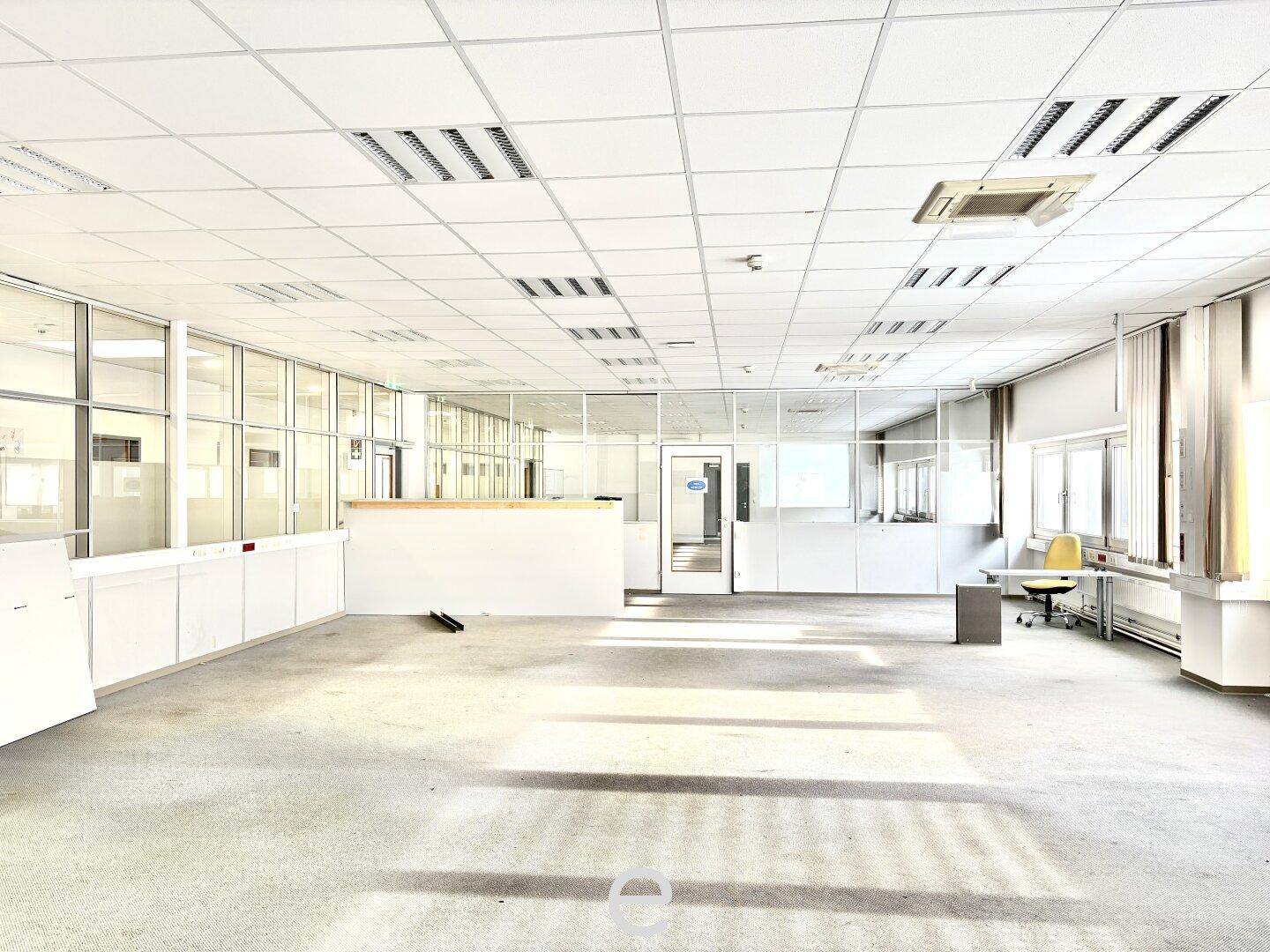 Großes, leeres Büro mit Teppichboden, Glaswänden und abgehängter Decke, bereit zur individuellen Gestaltung.