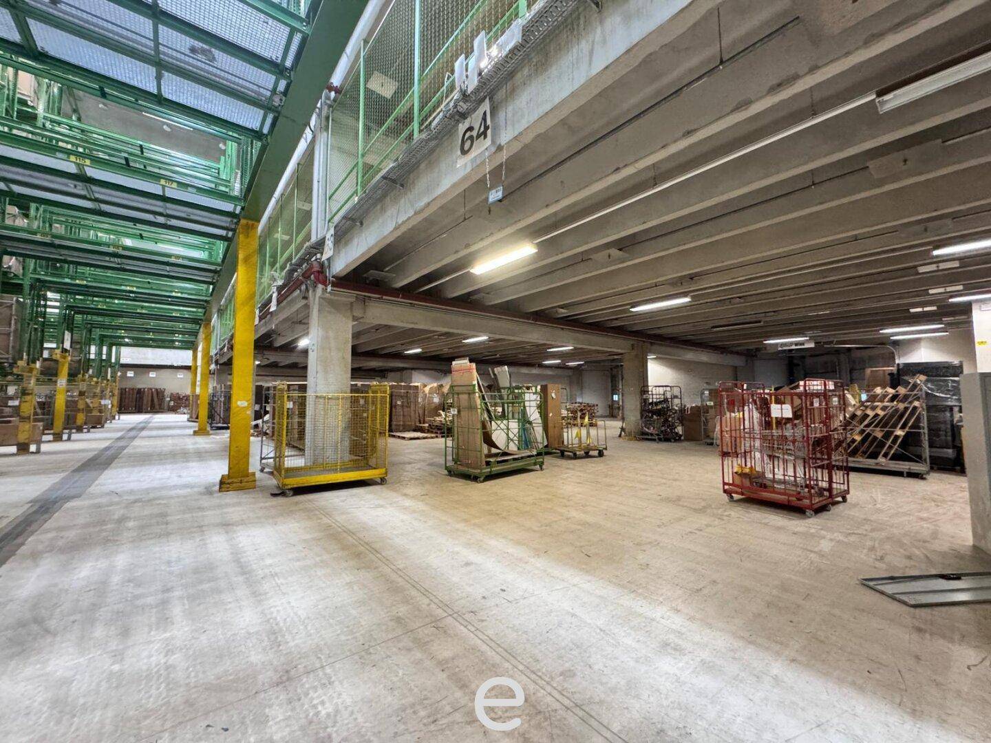 Offener Bereich in einer Lagerhalle mit Betonboden, hohen Decken und verschiedenen Transportbehältern.