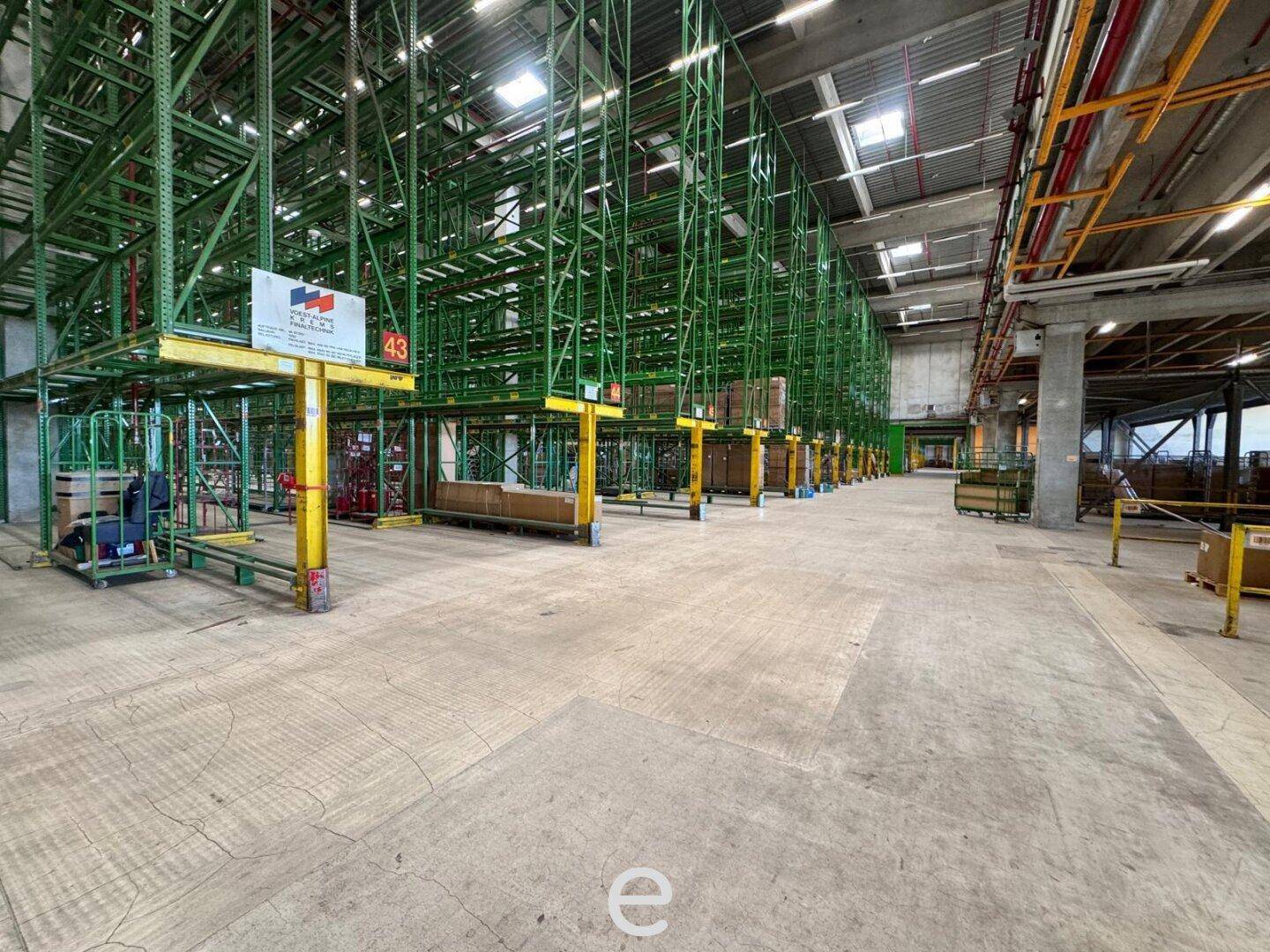 Geräumige Lagerhalle mit hohen grünen Regalsystemen und Betonboden, bereit für die Einlagerung von Waren.