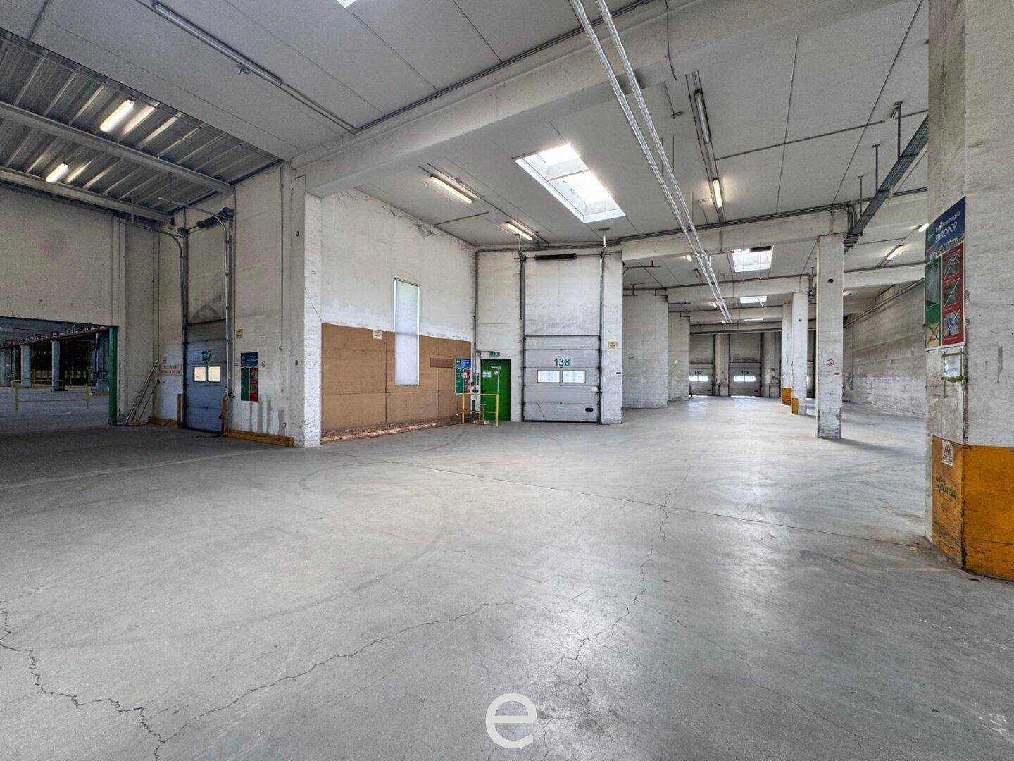 Große Lagerhalle mit mehreren Laderampen, hohen Decken und Oberlichtern, die den Arbeitsbereich erhellen.