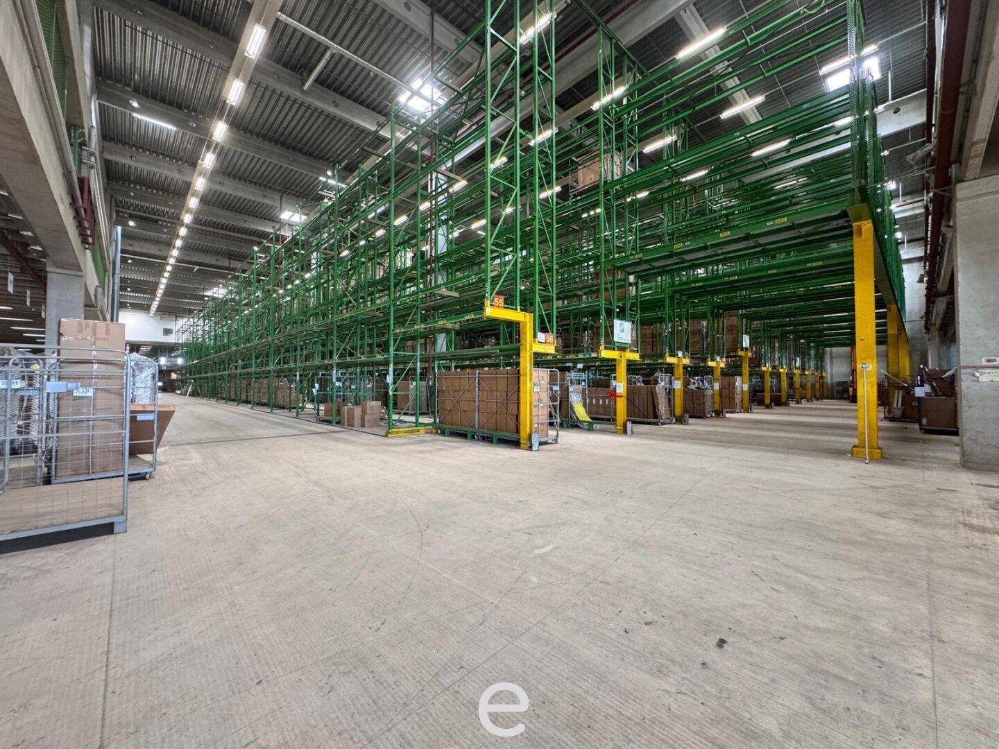 Lange Perspektive einer Lagerhalle mit hohen grünen Regalsystemen, die sich in die Ferne erstrecken.