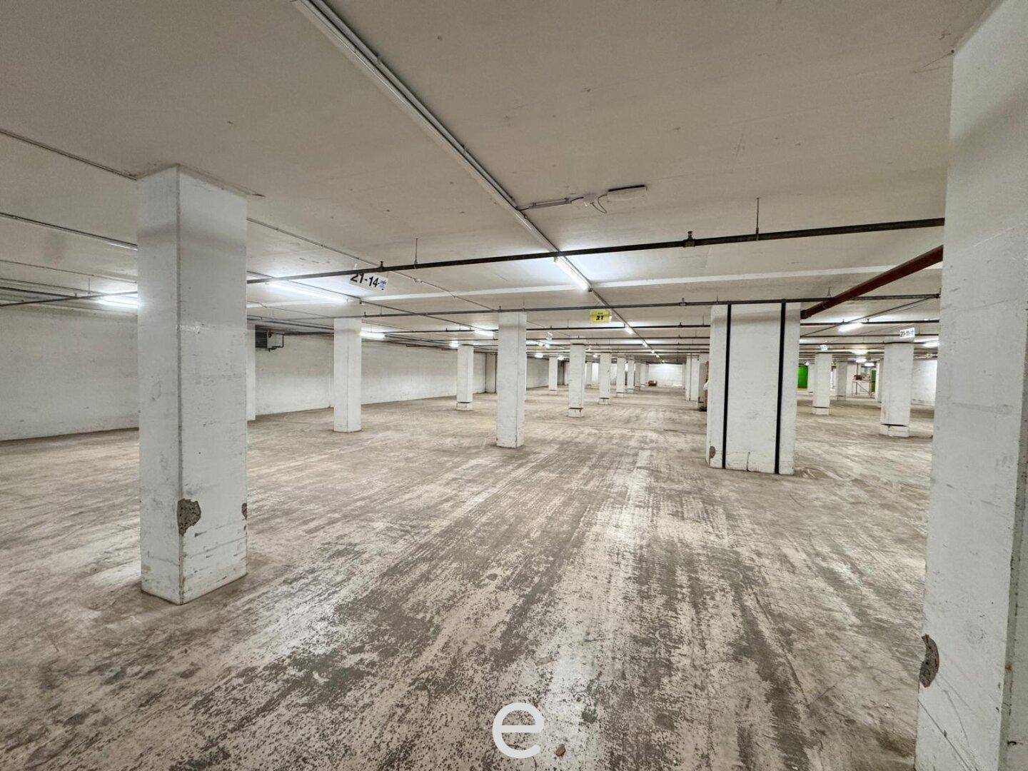 Geräumiger Lagerraum mit zahlreichen Betonpfeilern, Betonboden und Deckenbeleuchtung, bereit zur Nutzung.