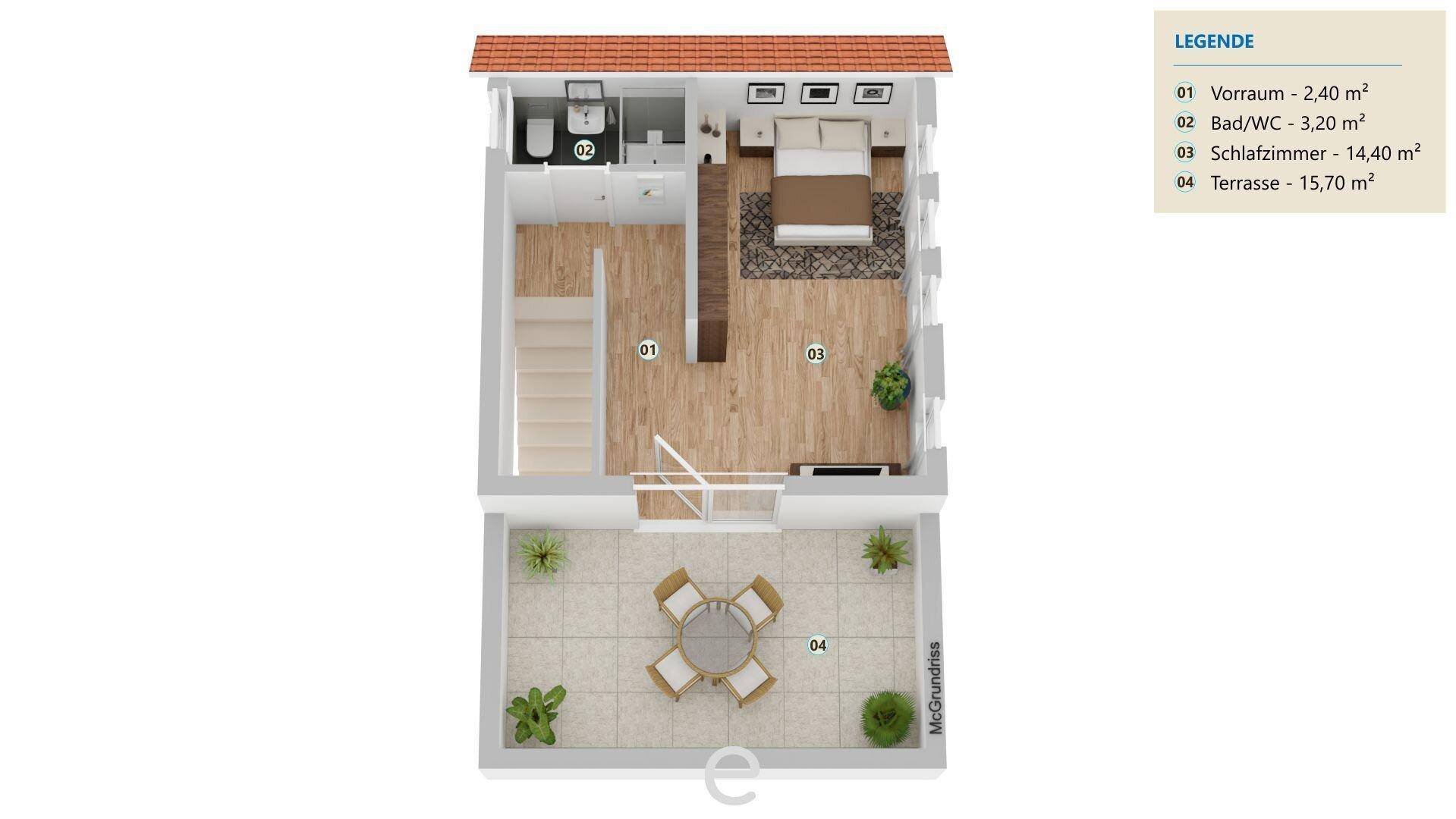 Grundriss des Dachgeschosses mit Schlafzimmer, Bad und großer Dachterrasse.