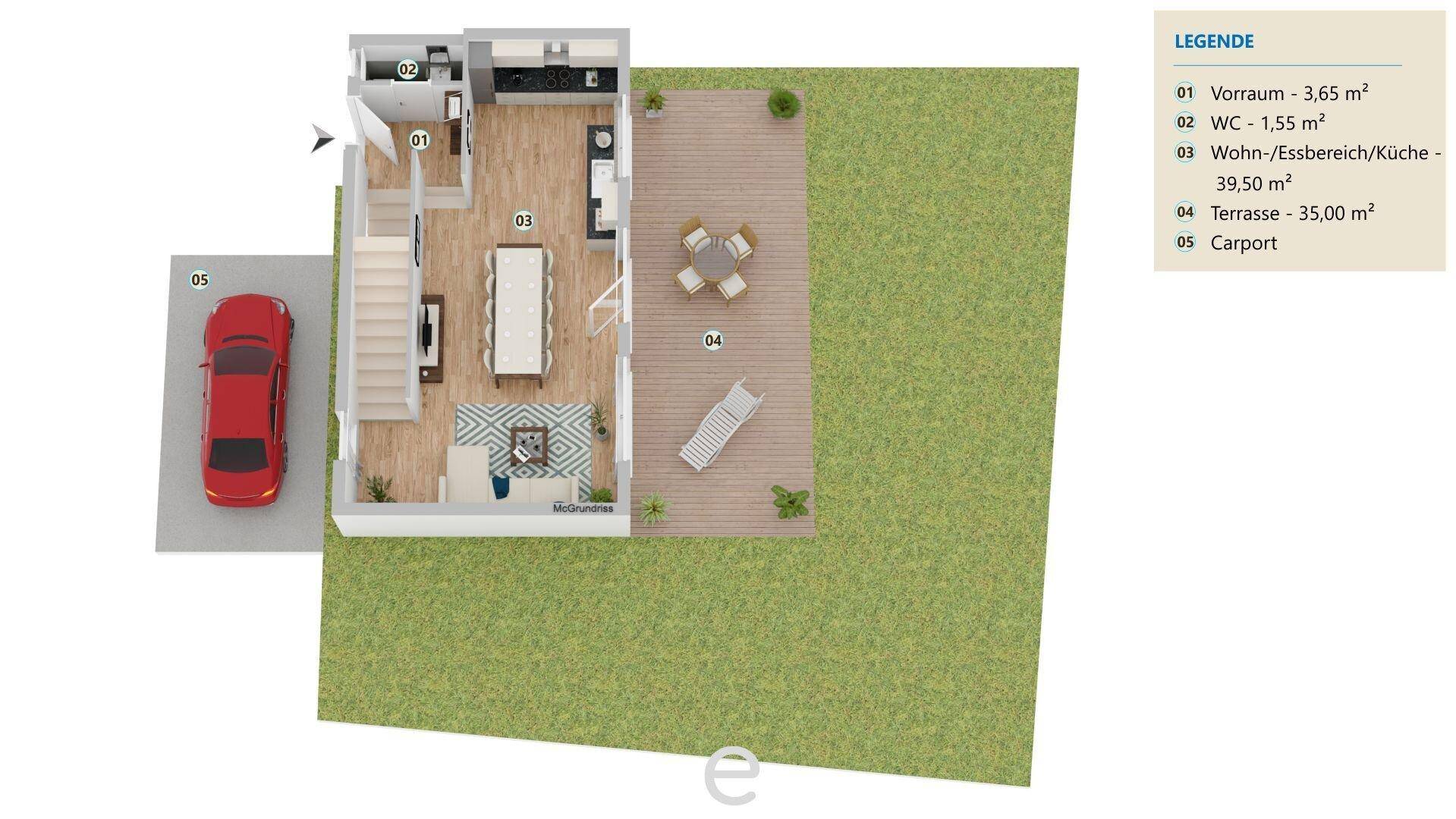 Grundriss des Erdgeschosses mit offenem Wohn-Essbereich, Küche und großer Terrasse.