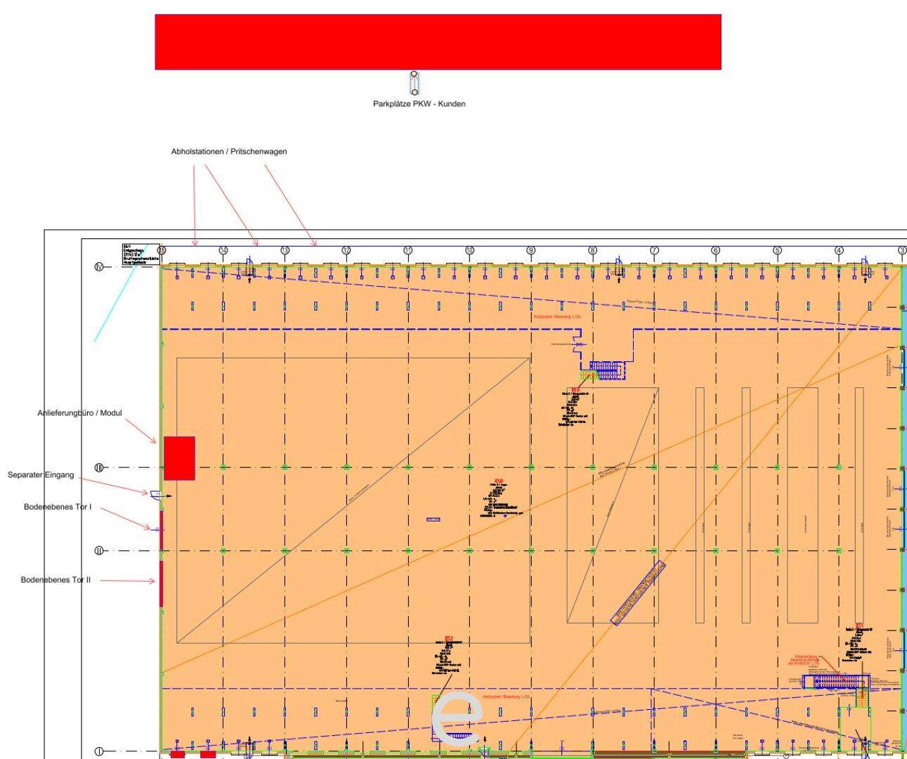 Detaillierter Grundriss eines großen Lager- und Logistikzentrums mit Parkplätzen und Anlieferungsbereichen.