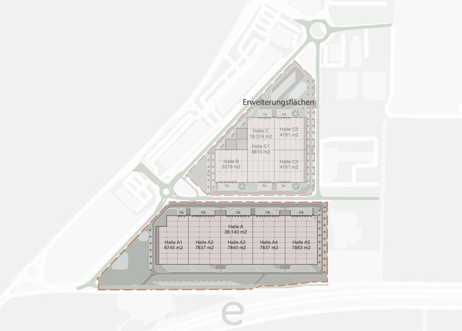 Ein detaillierter Lageplan zeigt die bestehenden Hallen und geplante Erweiterungsflächen mit Flächenangaben.