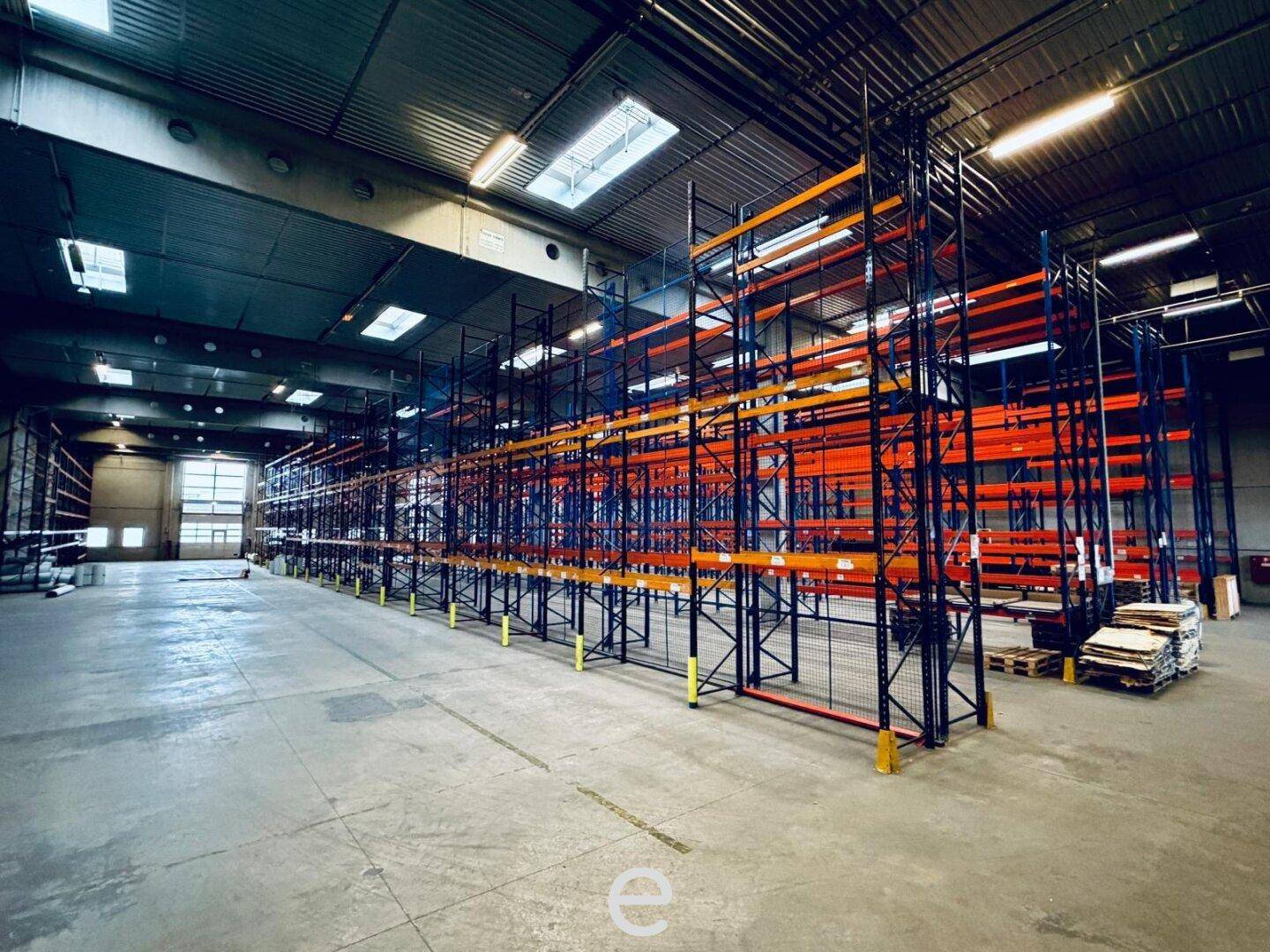 Weitläufige Lagerhalle mit hohen Decken, Betonboden und leeren Hochregalen, bereit zur Nutzung.
