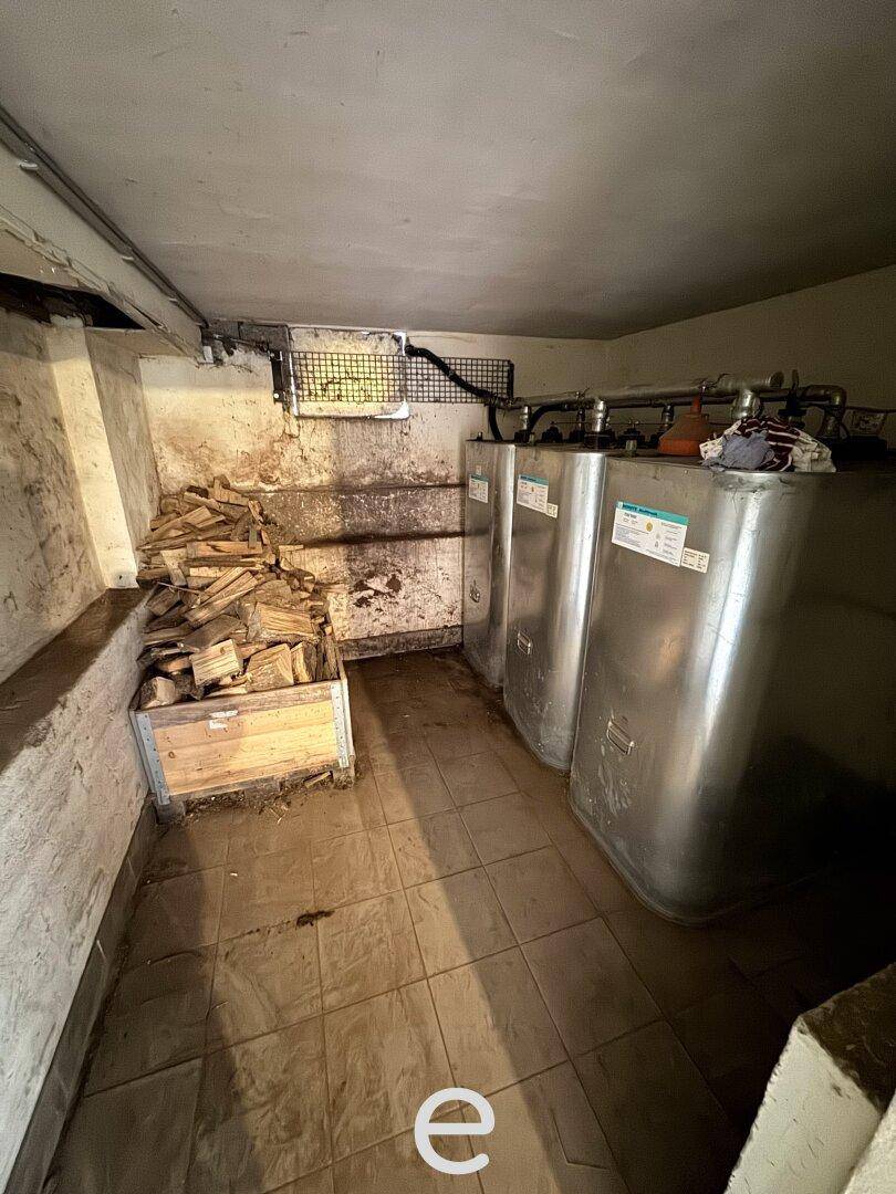 Heizungsraum im Keller mit Öltanks und gelagertem Brennholz.
