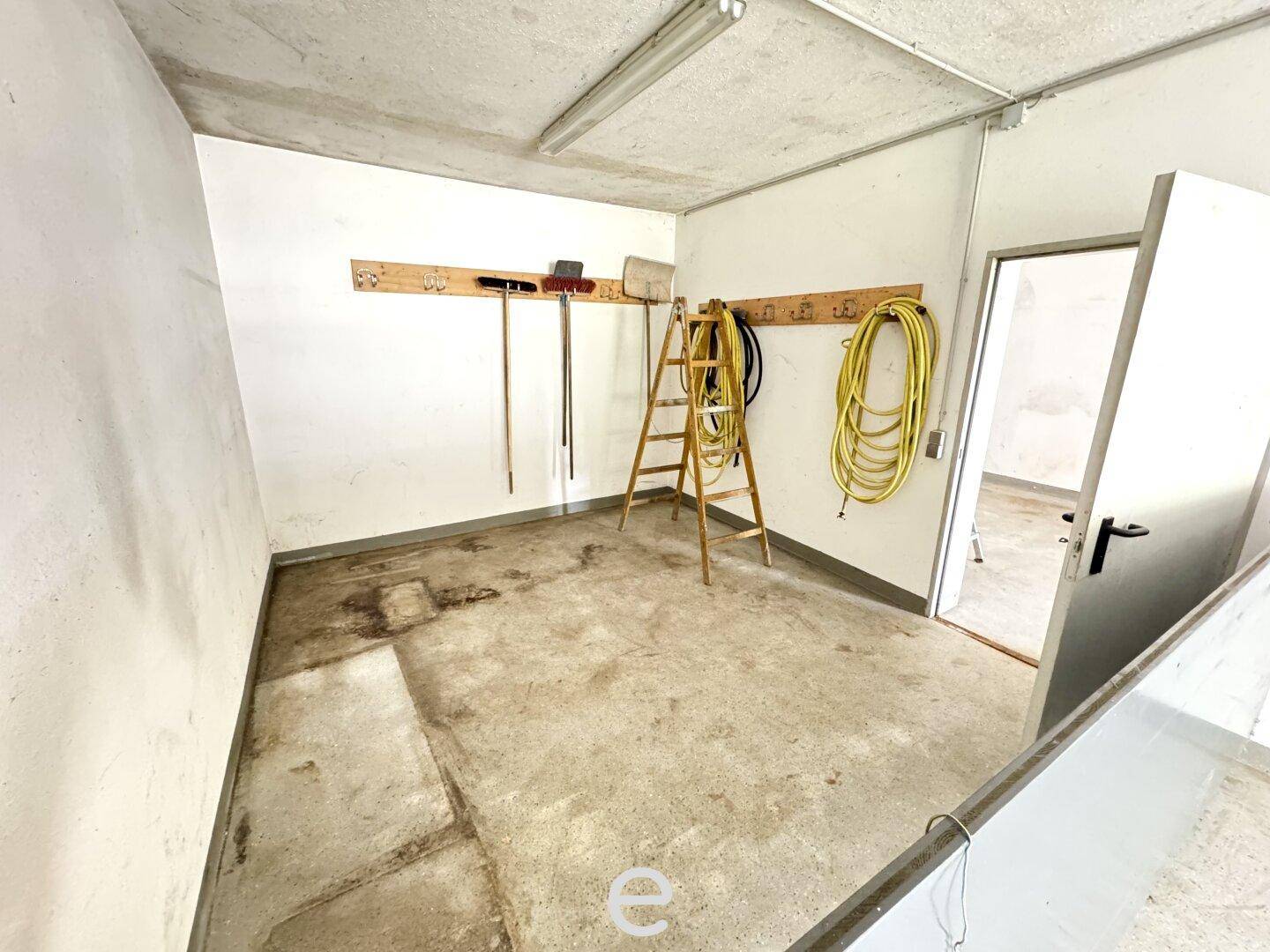 Werkstattbereich in der Garage mit Werkzeughaltern und Leiter, ideal für Heimwerker.