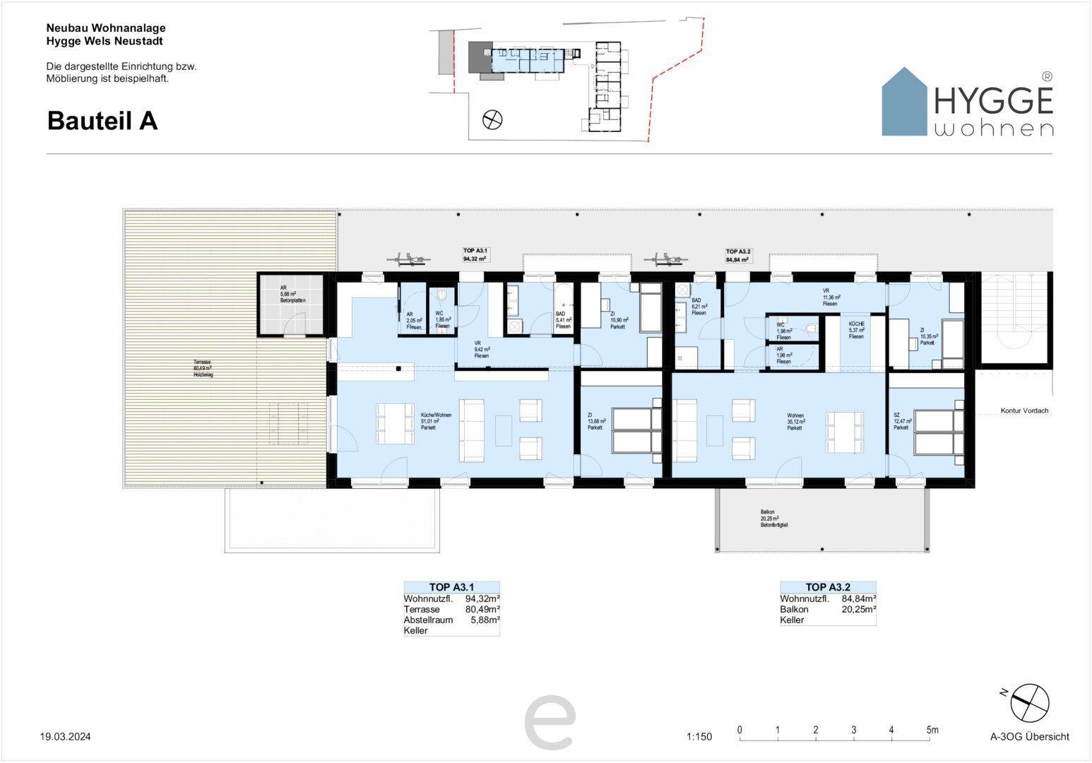 Detaillierter Grundriss von Bauteil A mit zwei Wohneinheiten, möblierten Räumen und Außenbereichen.