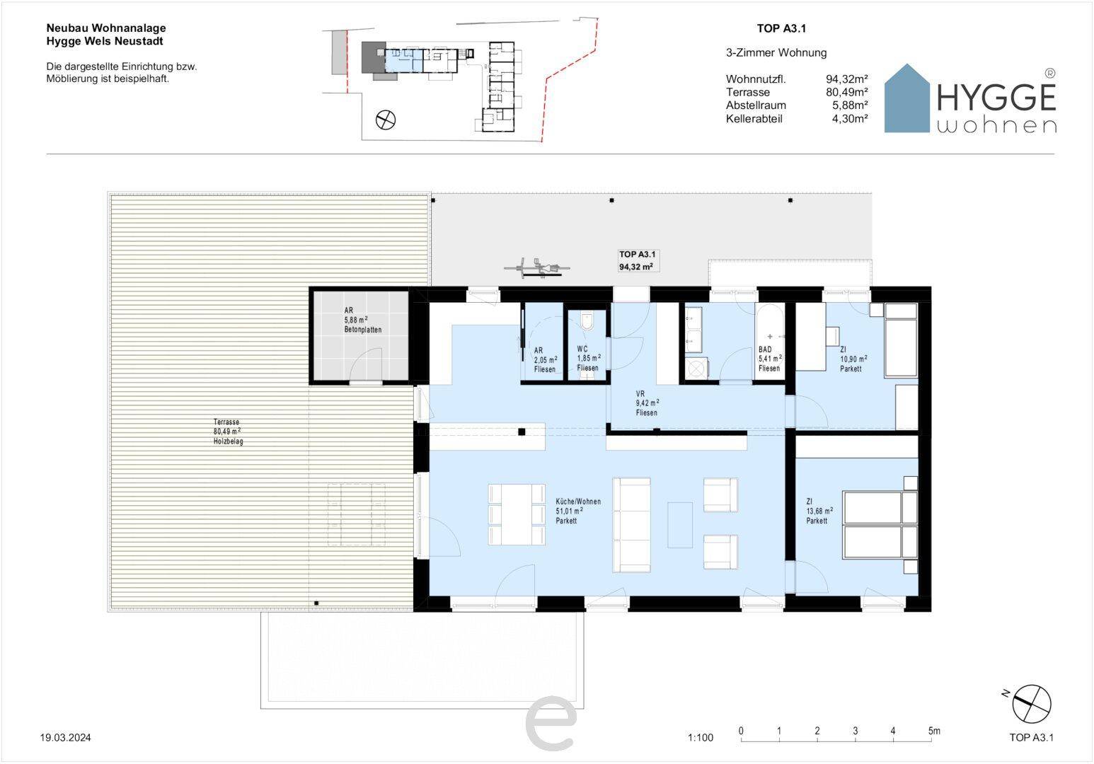 Detaillierter Grundriss der 3-Zimmer-Wohnung TOP A3.1 mit großer Terrasse und Abstellraum.