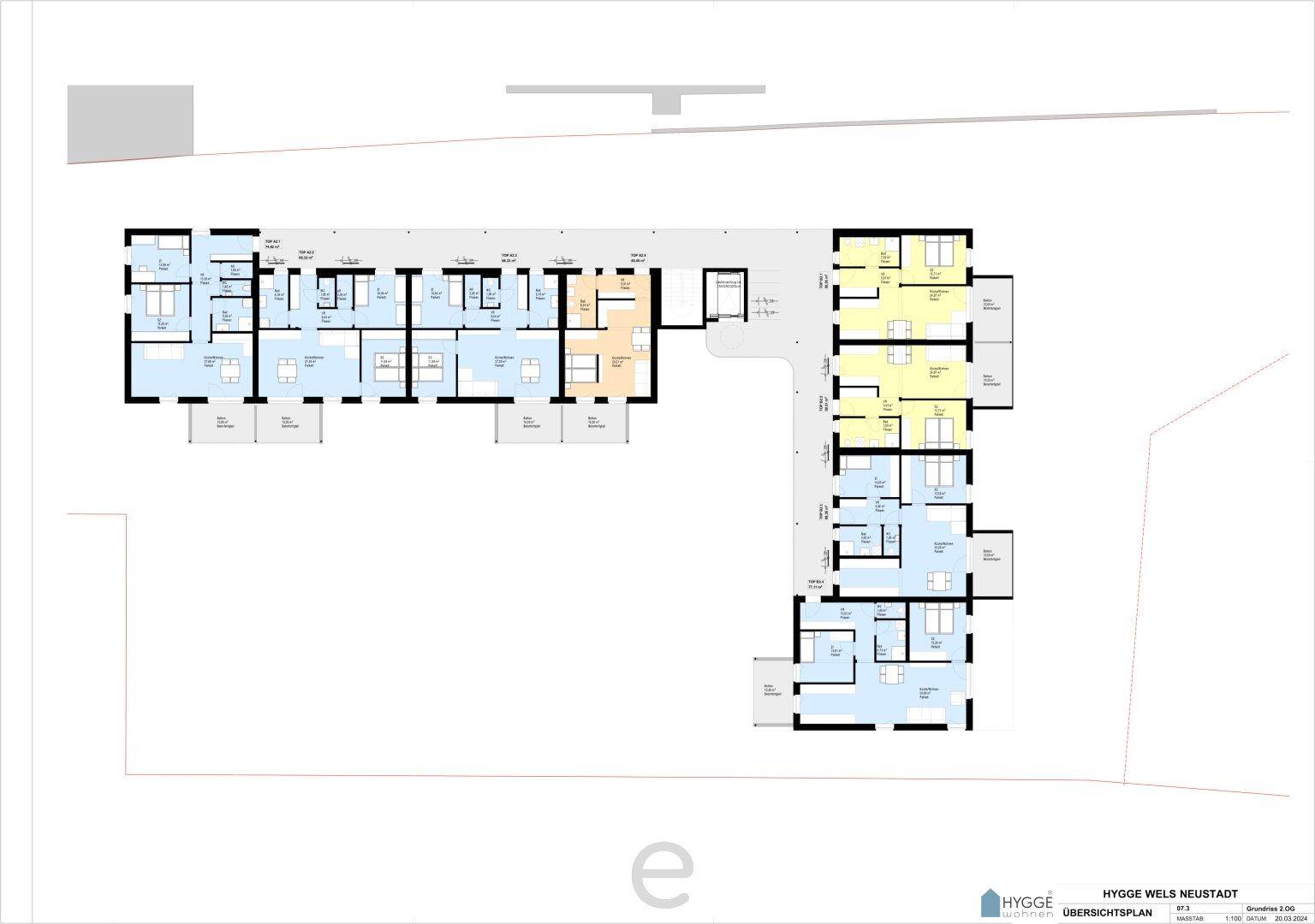 Übersichtsplan eines Wohnkomplexes mit mehreren Wohneinheiten und unterschiedlichen Grundrissen.