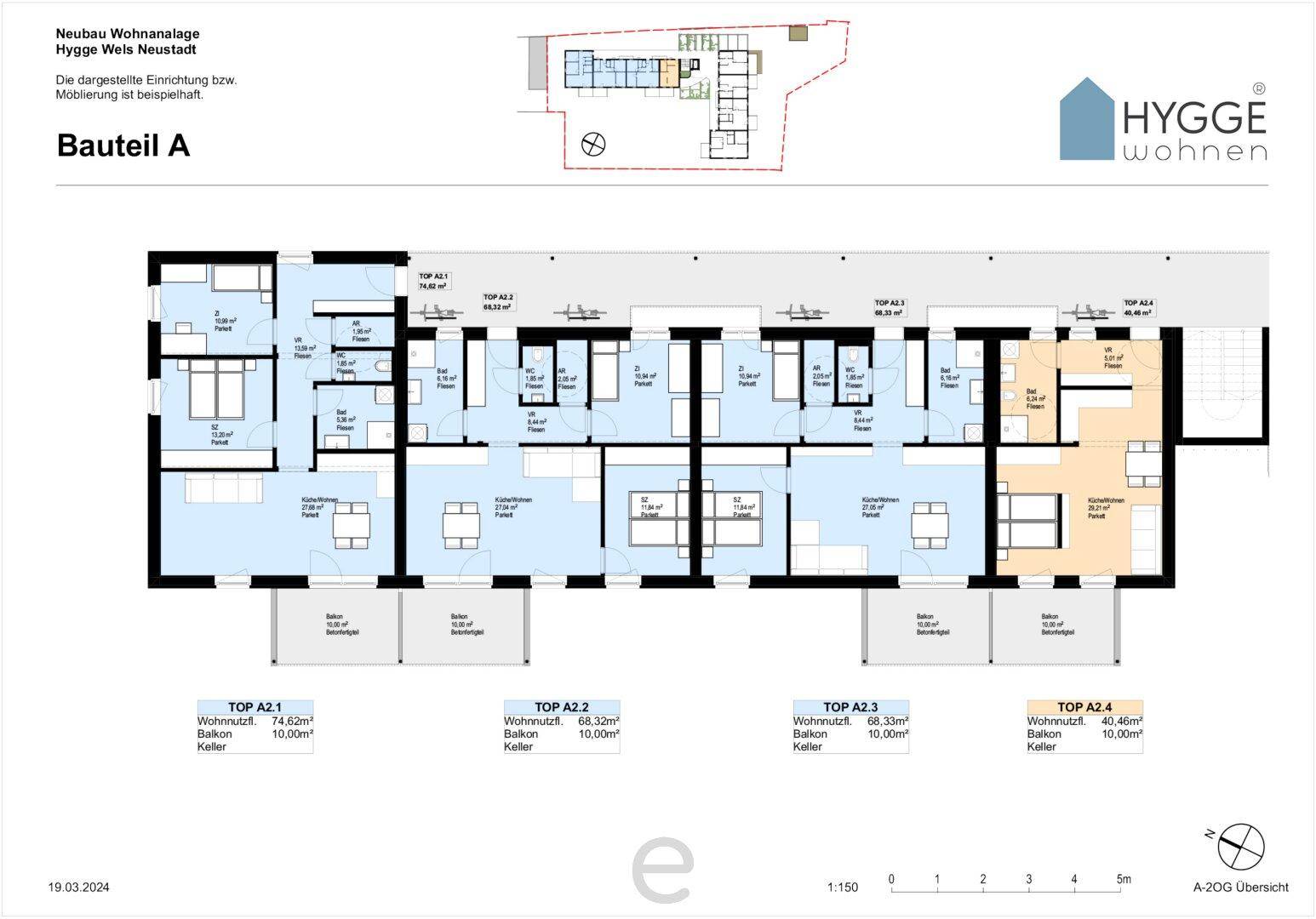 Grundriss des Bauteils A mit mehreren Wohnungen, Balkonen und Kellerabteilen.