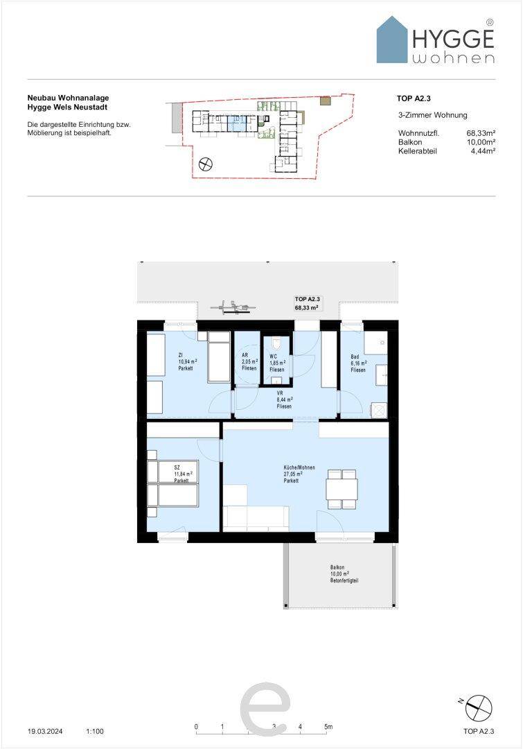 Detaillierter Grundriss der Wohnung TOP A2.3 mit Wohnküche, Schlafzimmer, Bad und Balkon.