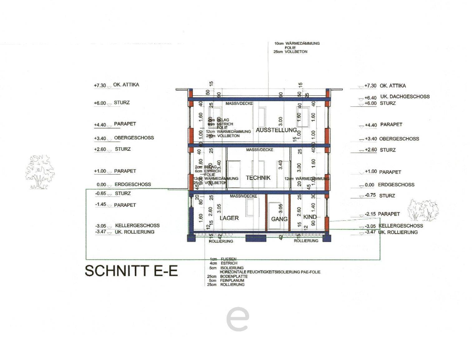 Gebäudeschnitt E-E zeigt verschiedene Ebenen wie Keller, Erdgeschoss und Obergeschoss mit Lager- und Ausstellungsbereichen.