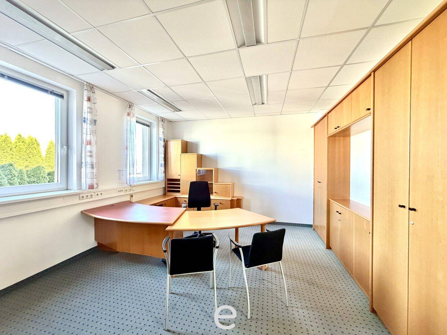 Geräumiges Einzelbüro mit Holzmöbeln, Teppichboden und zwei Fenstern mit Blick ins Grüne.