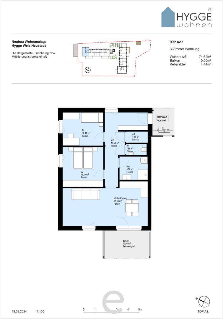 Grundriss der 3-Zimmer-Wohnung TOP A2.1 mit Balkon und offener Wohnküche.