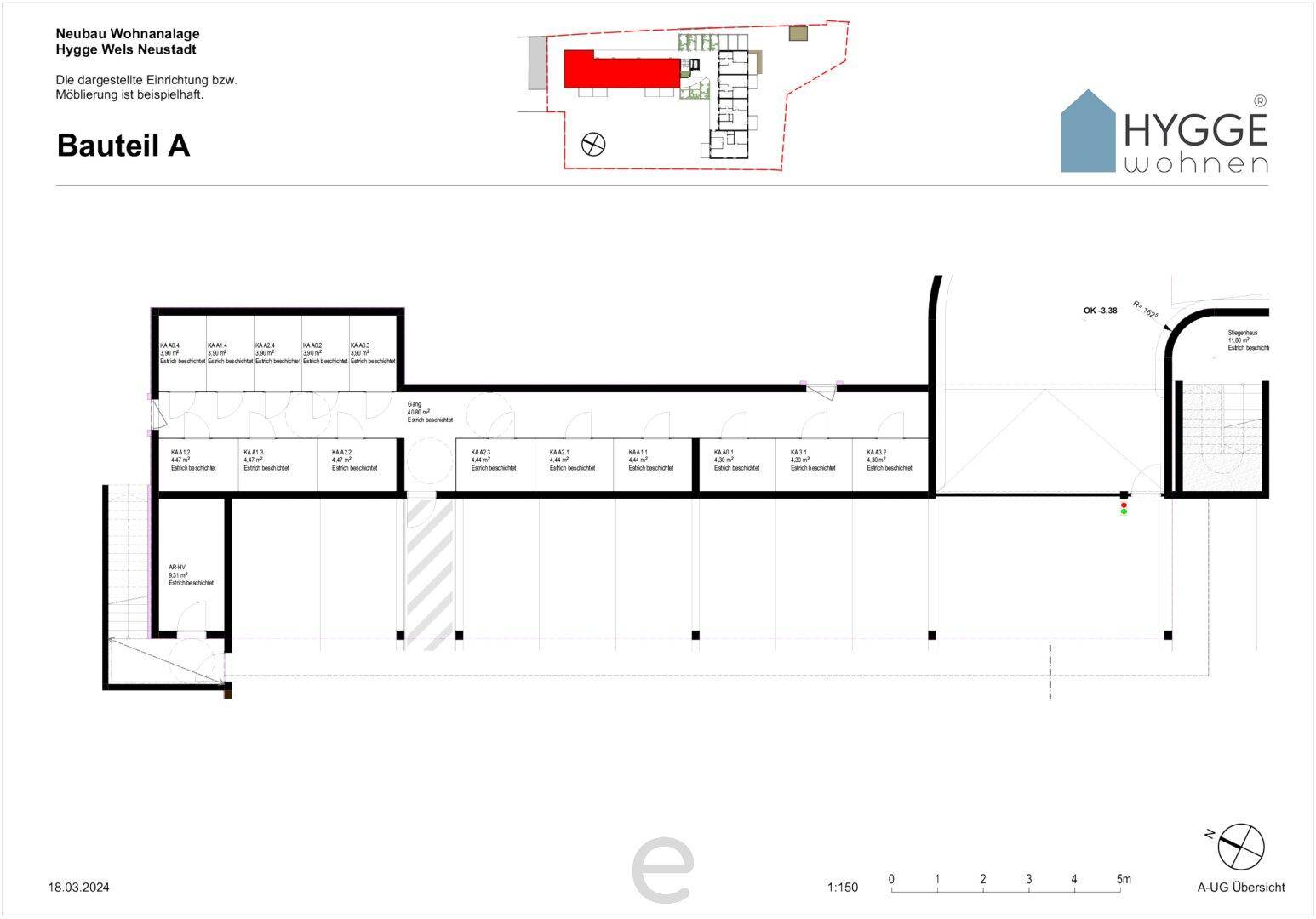 Übersichtsplan des Untergeschosses von Bauteil A mit zahlreichen Abstellräumen.
