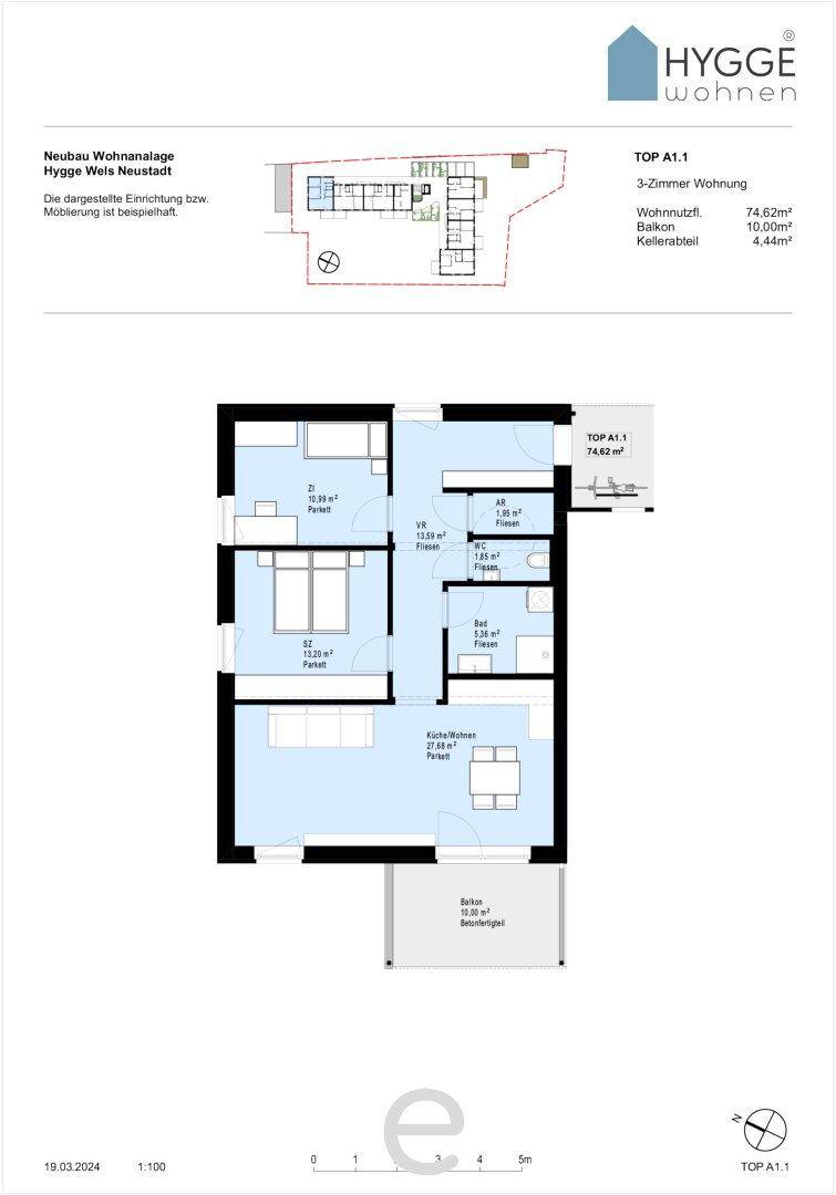 Detaillierter Grundriss der 3-Zimmer-Wohnung TOP A1.1 mit Balkon.