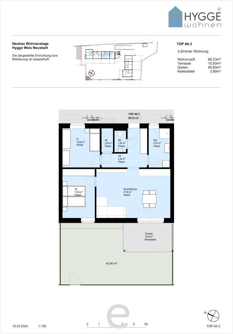 Detaillierter Grundriss der 3-Zimmer-Wohnung TOP A0.3 mit Terrasse und Gartenanteil.
