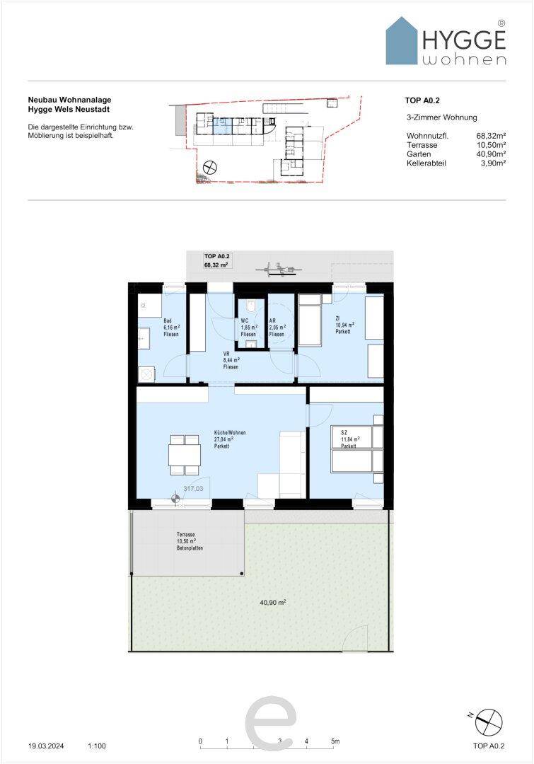 Grundriss der 3-Zimmer-Wohnung TOP A0.2 mit Terrasse und privatem Gartenanteil.