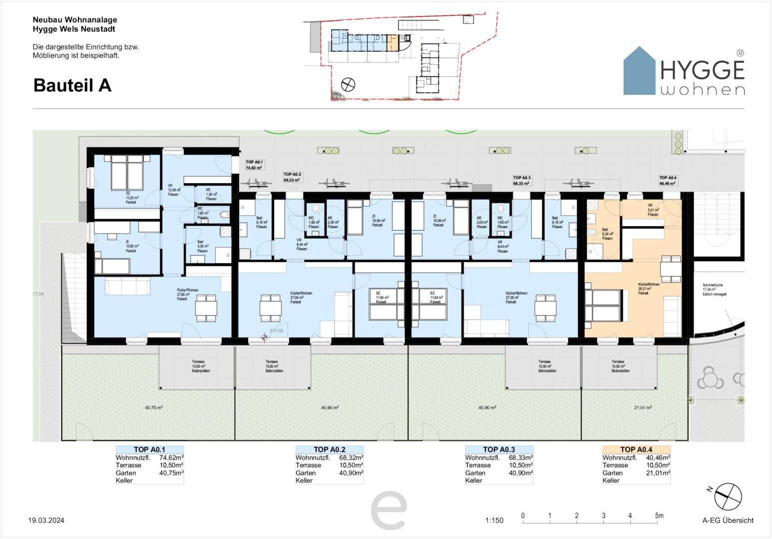 Detaillierter Grundriss von Bauteil A mit mehreren Wohnungen, Terrassen und privaten Gärten.