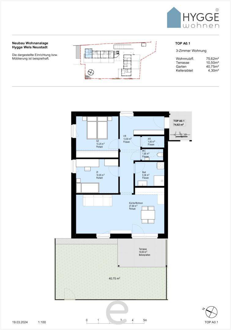 Grundriss einer 3-Zimmer-Wohnung mit Terrasse und Kellerabteil.