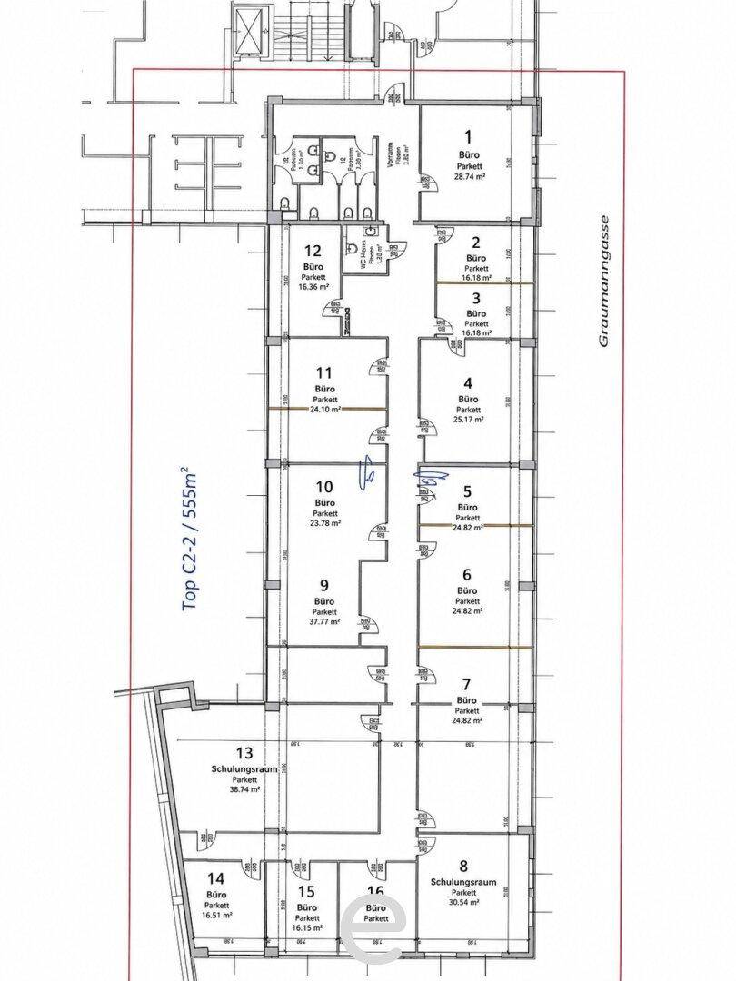 Grundrissplan einer Büroetage mit mehreren Büroeinheiten, Schulungsräumen und Sanitäranlagen.