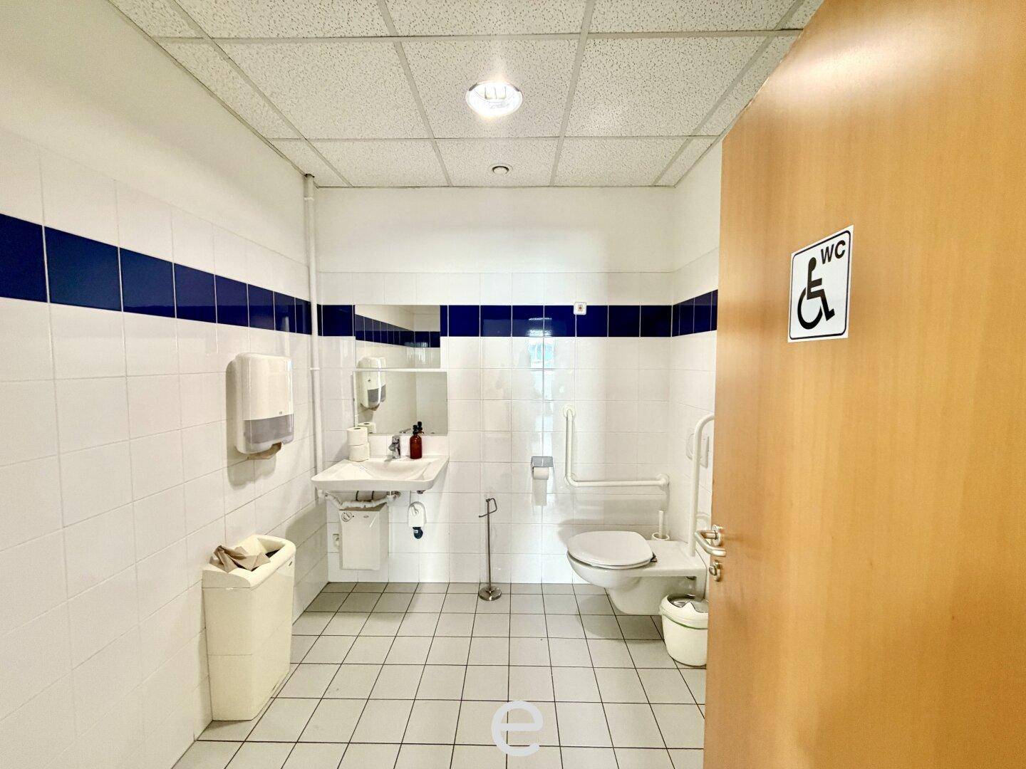 Barrierefreie Toilette mit Haltegriffen, weißen Fliesen und blauen Akzentstreifen.