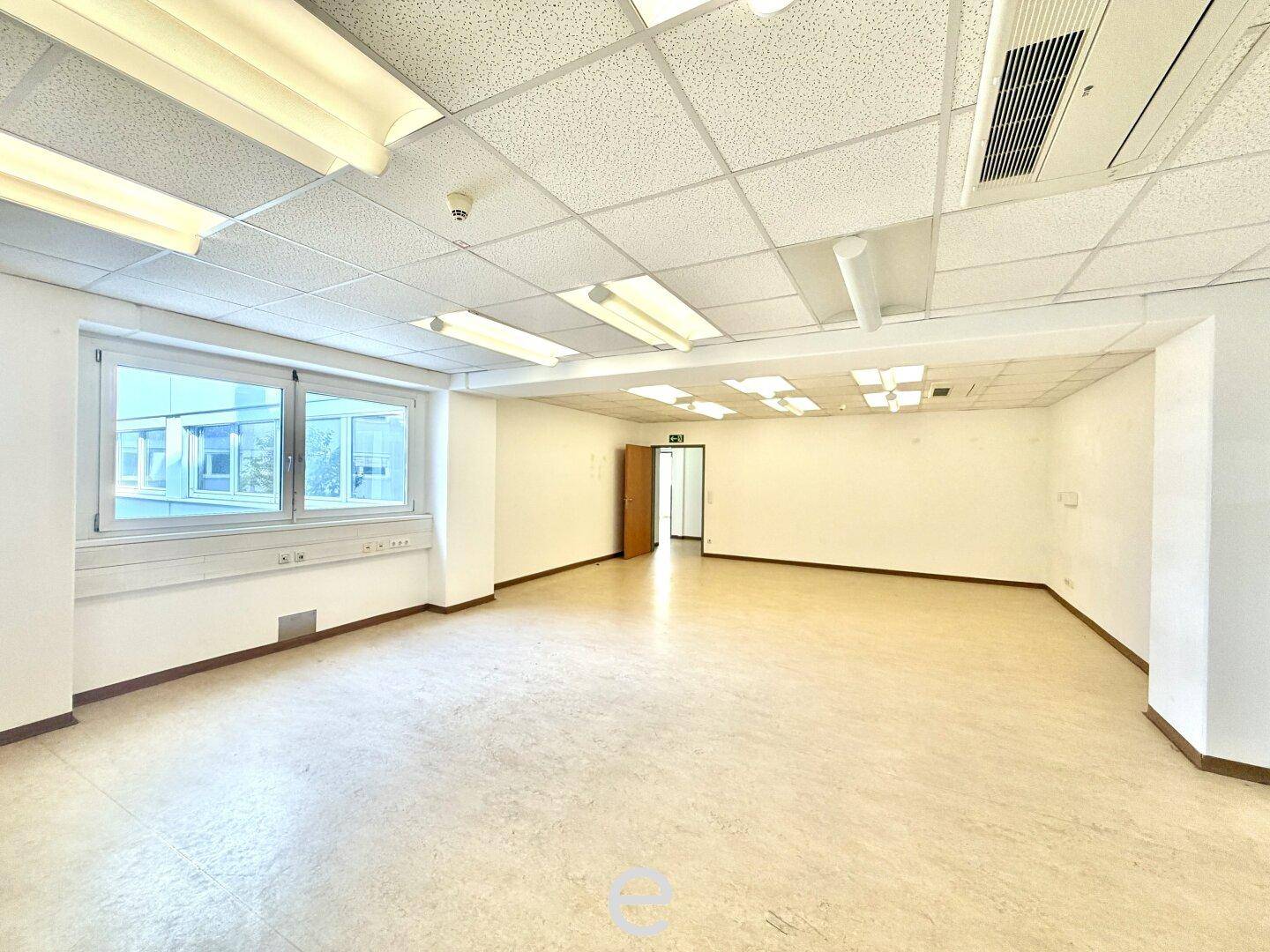 Großes, leeres Büro mit vielen Fenstern, abgehängter Decke und hellem Linoleumboden.