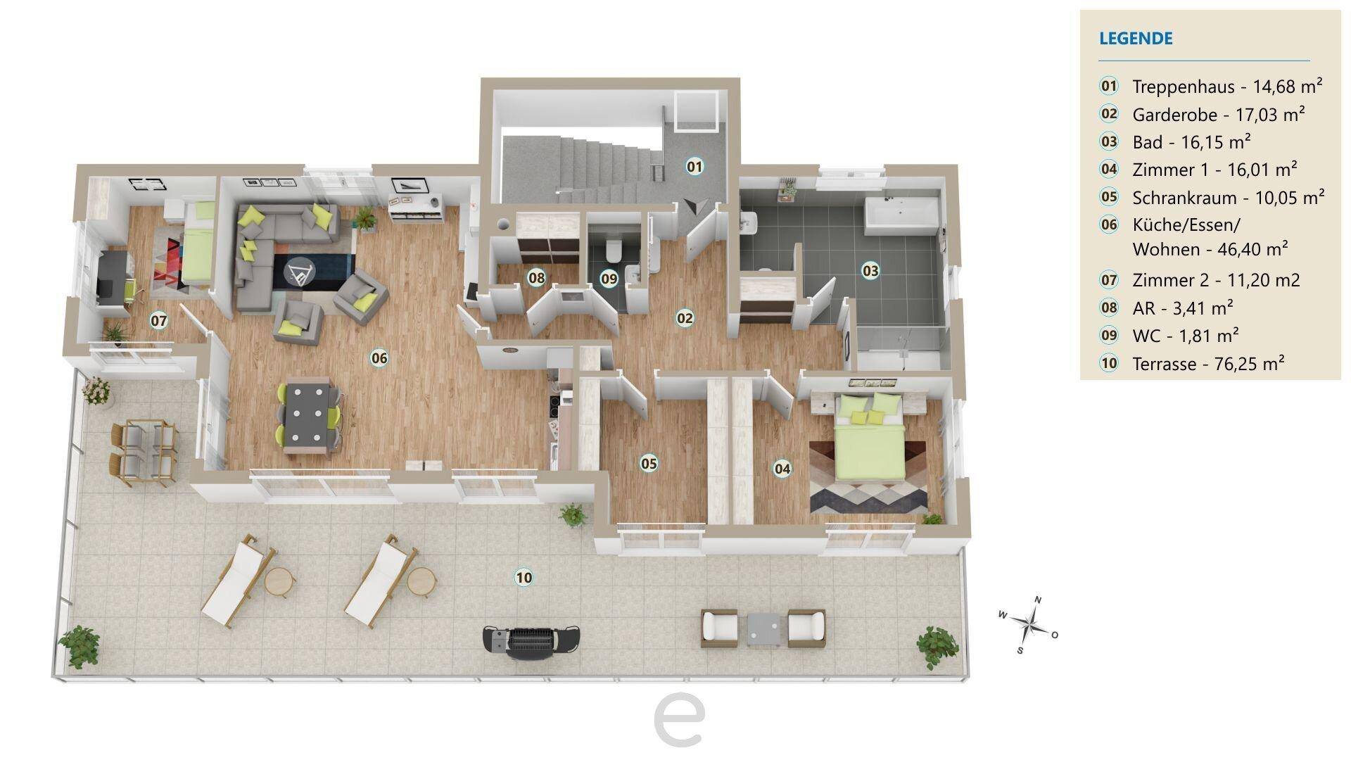 Detaillierter Grundriss der Wohnung mit Möblierung und großer Terrasse.