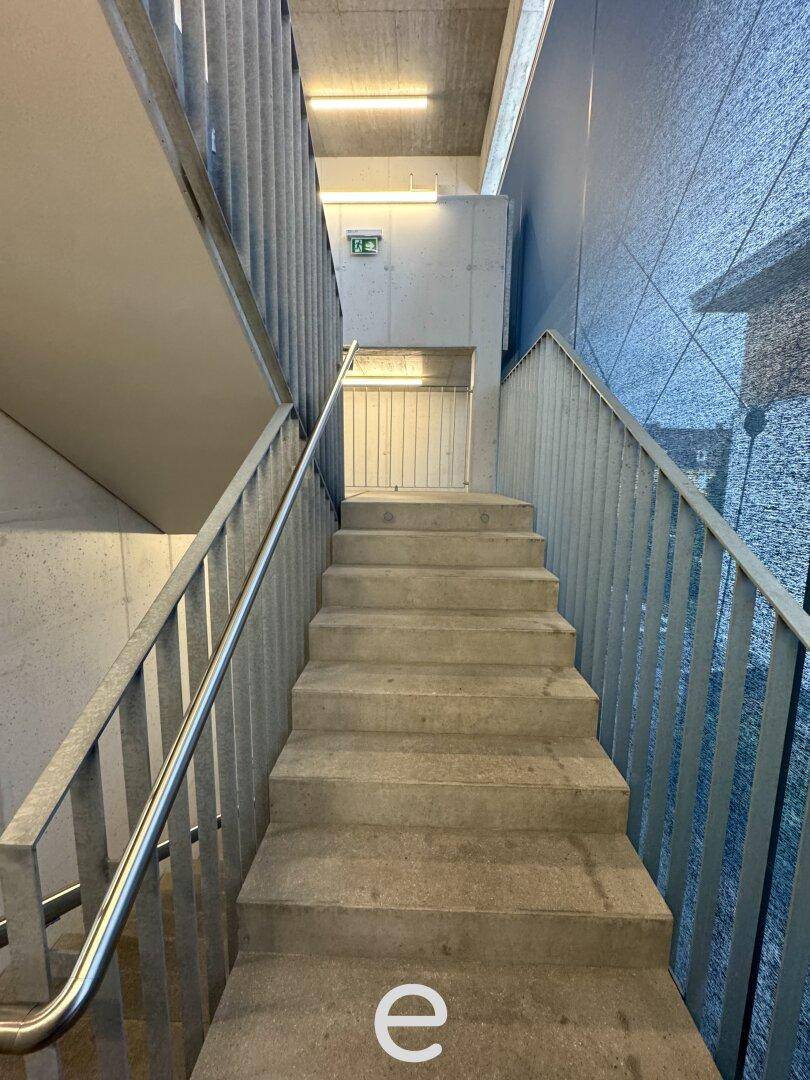 Modernes Treppenhaus mit Betonstufen und Metallgeländer, das die verschiedenen Etagen verbindet.