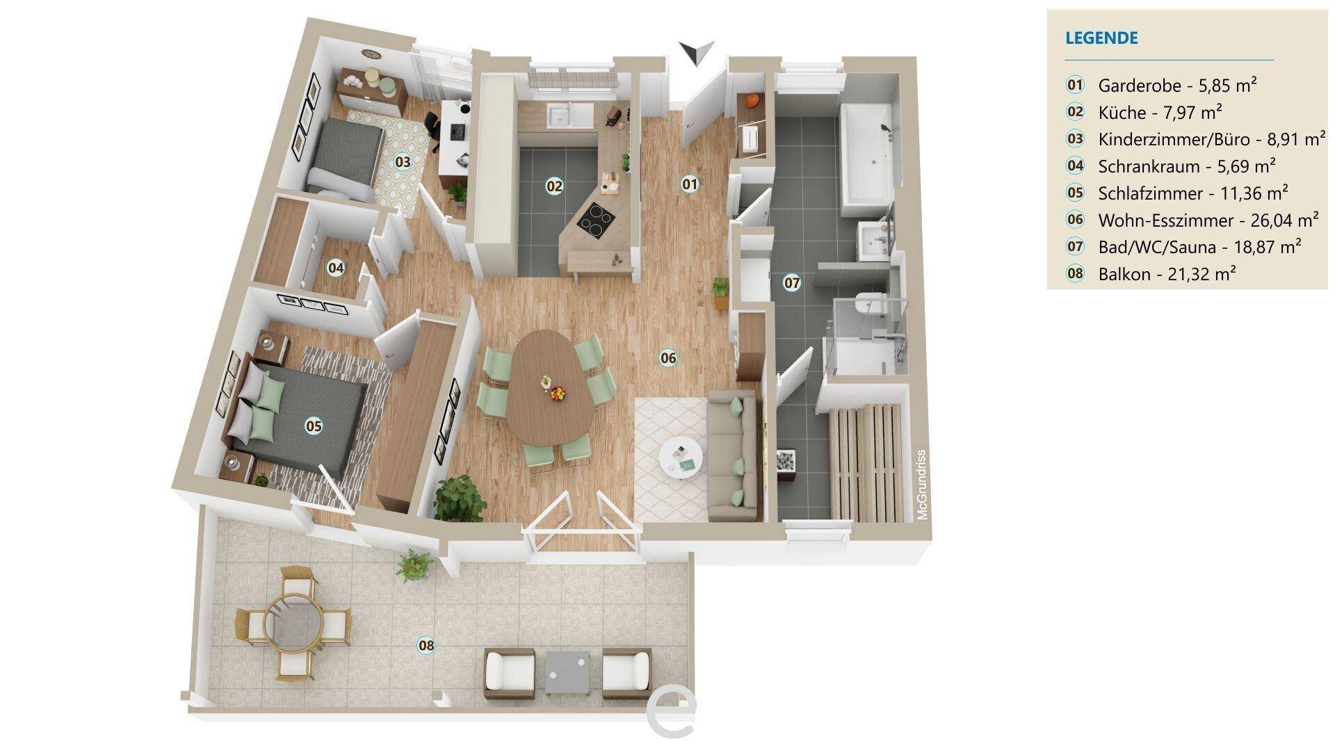 Detaillierter Grundriss einer Wohnung mit drei Schlafzimmern, offener Küche und großem Balkon.