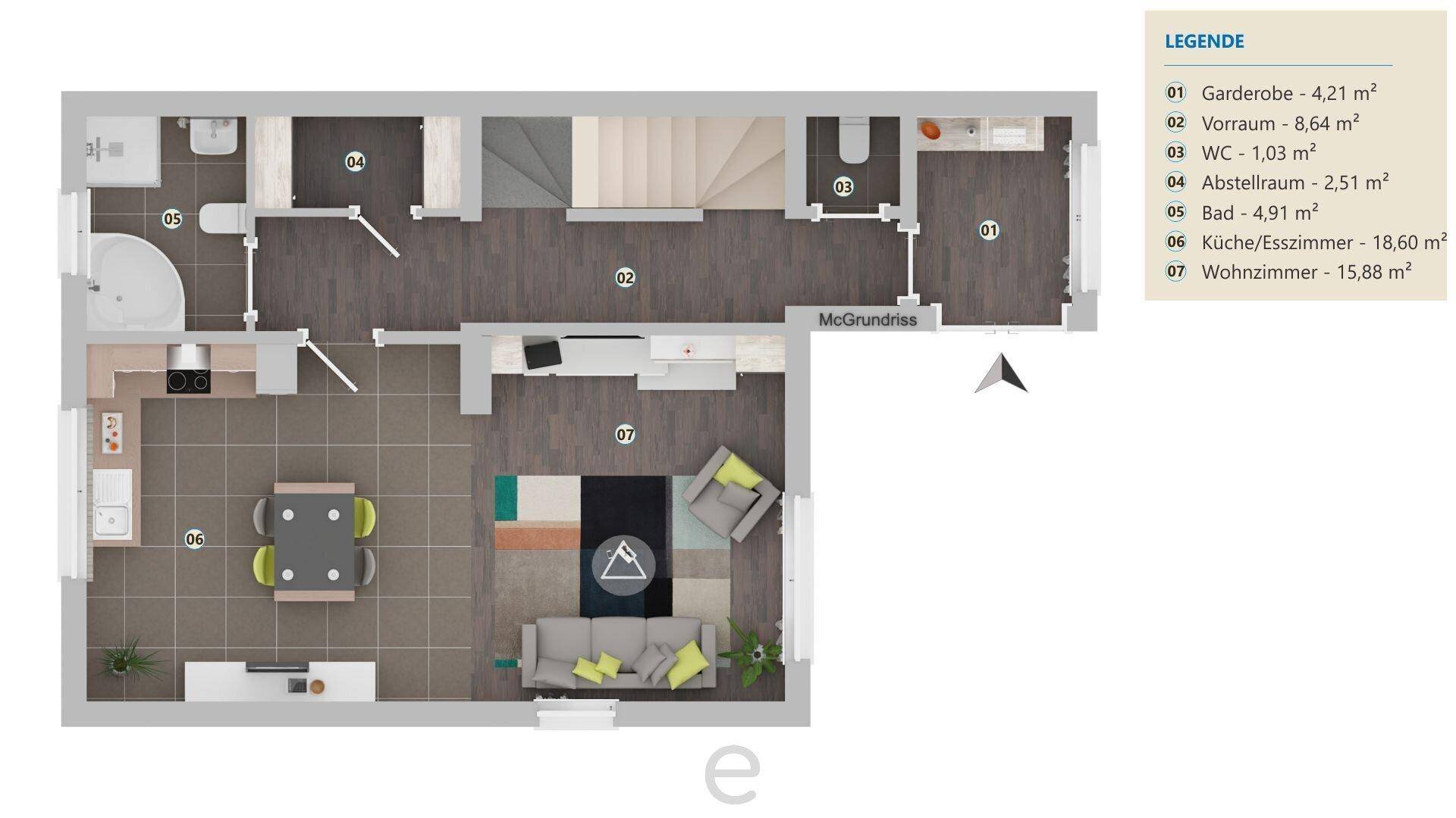 Grundriss des Erdgeschosses mit Küche, Esszimmer, Wohnzimmer und Bad.