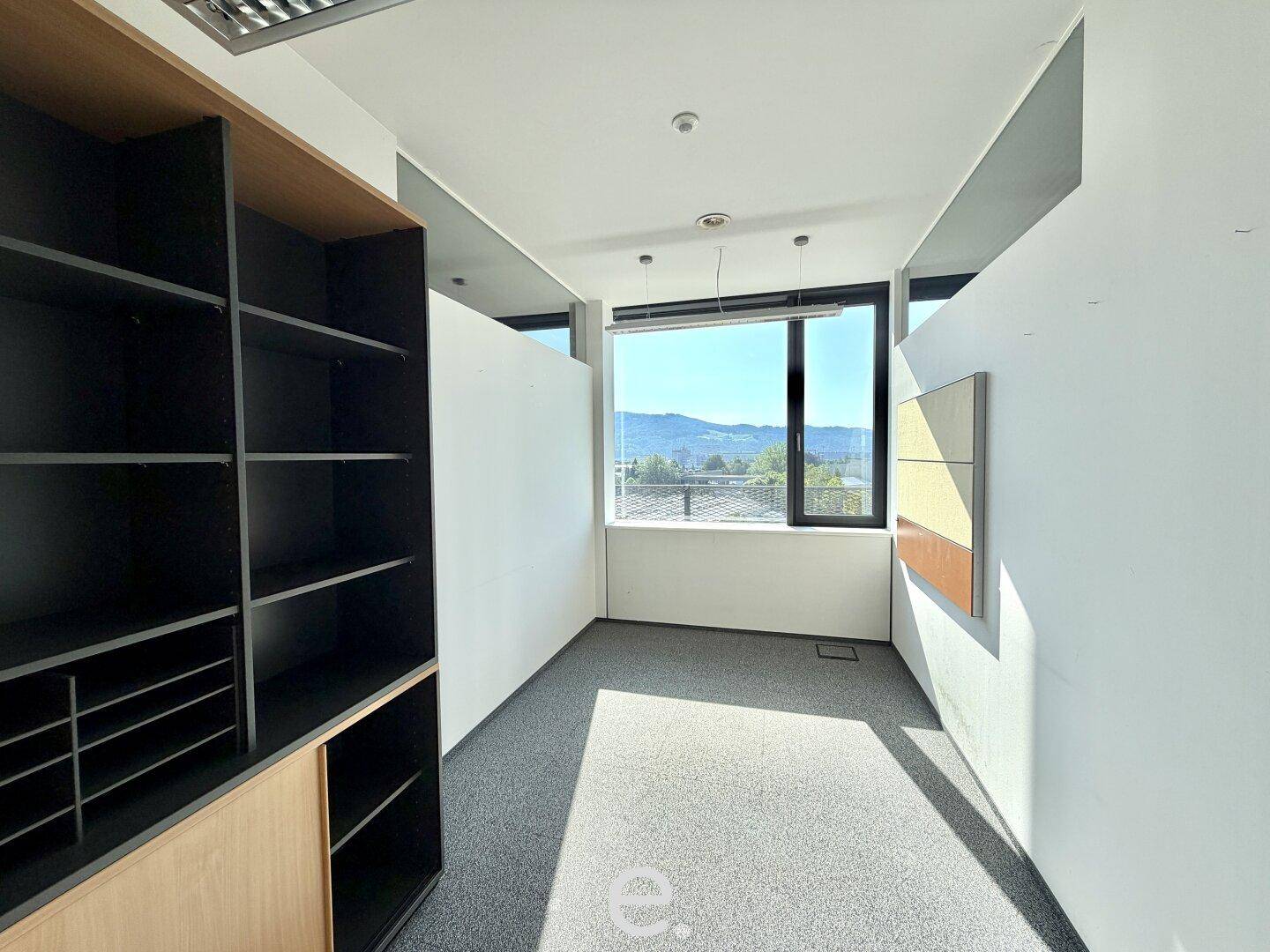 Kleiner Büroraum mit großem Regal, Teppichboden und einem Fenster, das Tageslicht hereinlässt.