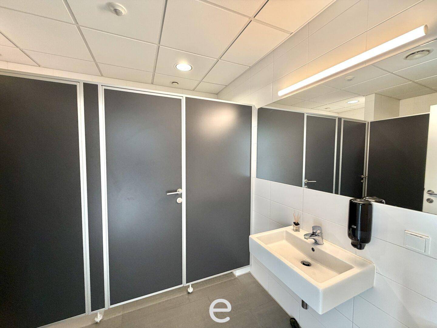 Moderner öffentlicher Waschraum mit mehreren Toilettenkabinen, einem Waschbecken und einem großen Spiegel.