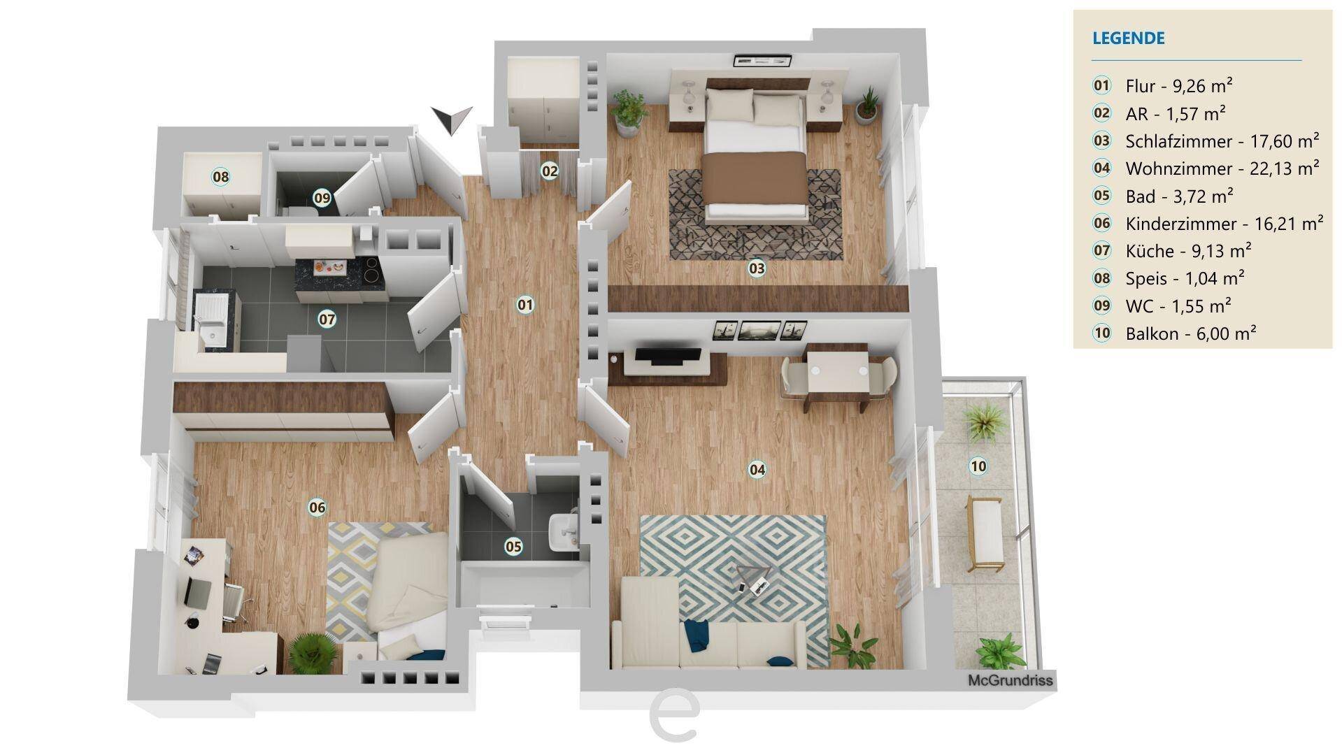 Detaillierter 3D-Grundriss einer Wohnung mit offenem Wohnbereich, drei Schlafzimmern und Balkon.